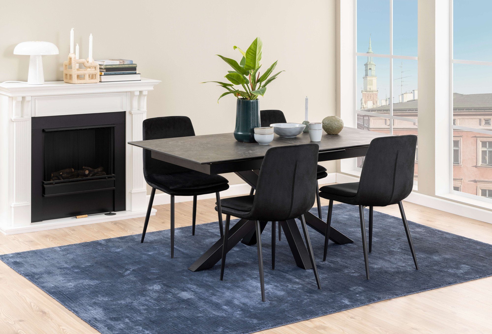 ACTONA GROUP Esstisch Heaven, Rechteckig Tischplatte aus rauer Keramik, Kreuzfuß, ausziehbar, Kratzfest, wasserabweisend, Sitzplatz für 4-8 Personen, B: 168/210 cm