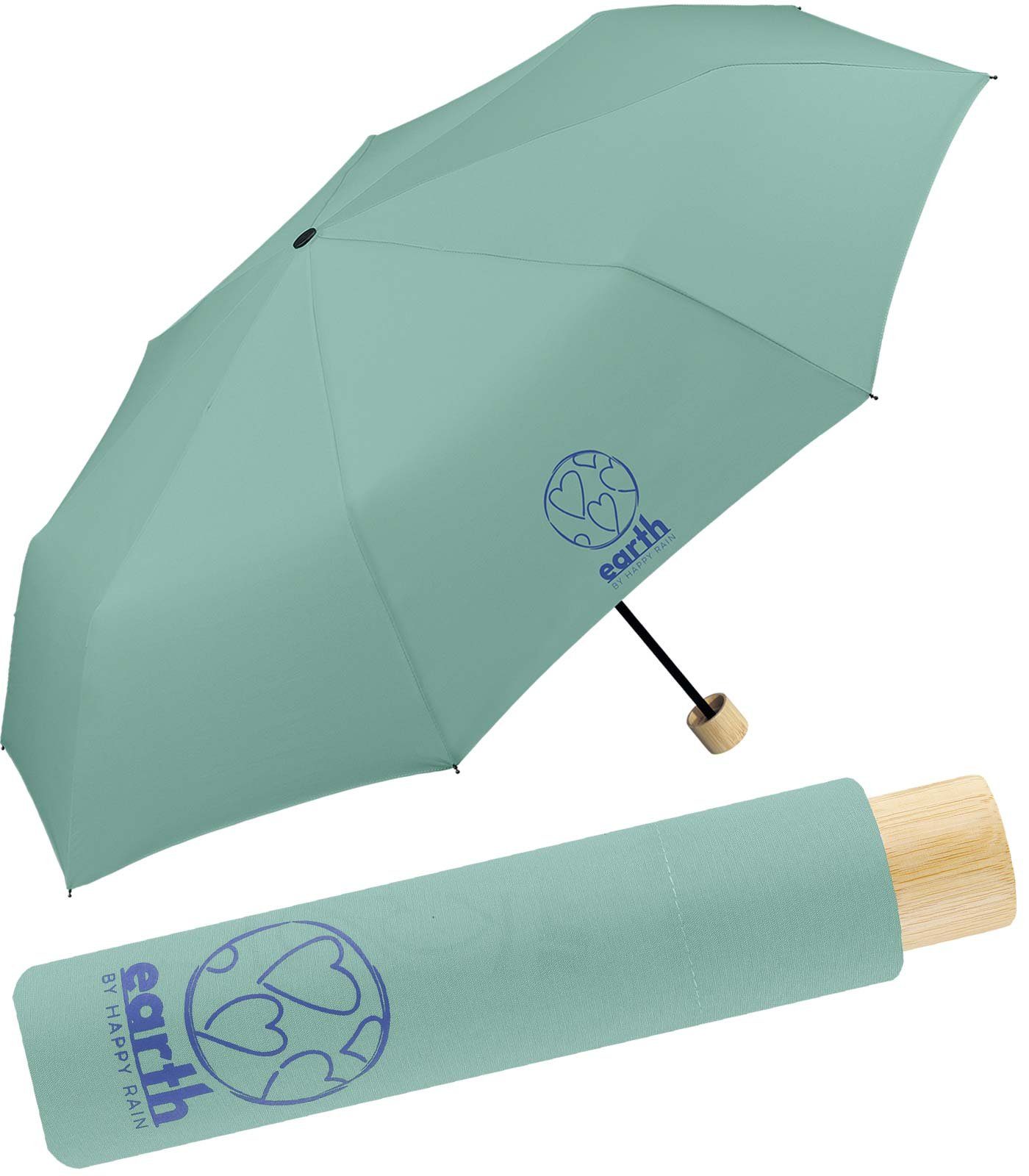 HAPPY RAIN Taschenregenschirm Earth - nachhaltiger stabiler Super-Mini-Schirm, gut geschützt etwas für die Umwelt tun türkis