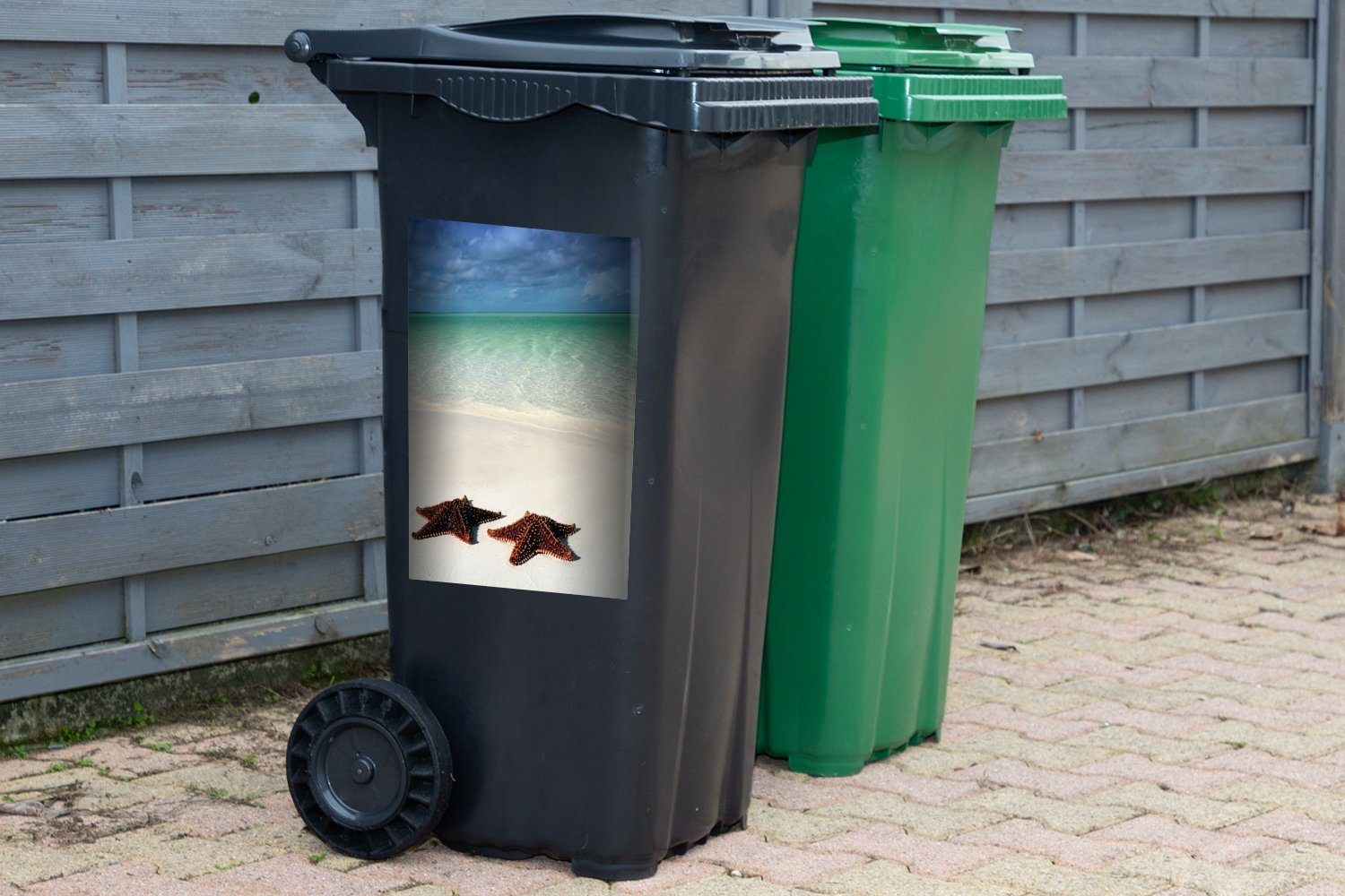 (1 Mülleimer-aufkleber, Sticker, Strand St), Abfalbehälter Seestern MuchoWow Mülltonne, Container, - Wasser - Wandsticker