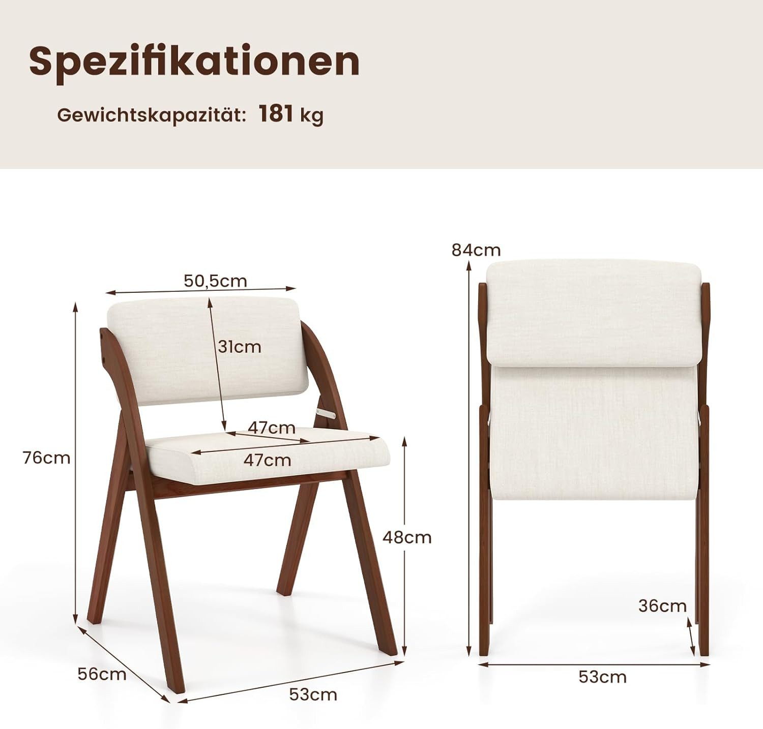 KOMFOTTEU Klappstuhl (2er Set), mit Gummiholzrahmen & Gepolsterter Sitz