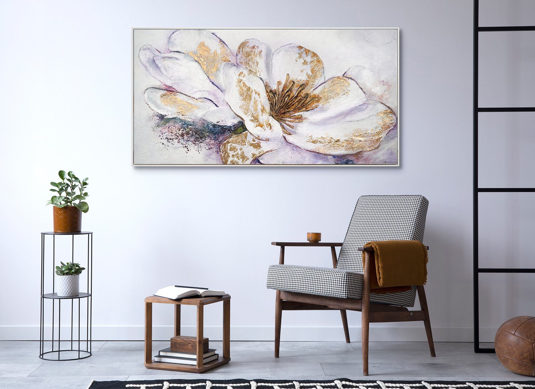 Bild Handgemalt Weiß Blumen, Lila Gold in YS-Art Pfingstrose, Leinwand Mit Gemälde Pfingstrosen Rahmen Goldene Blumen