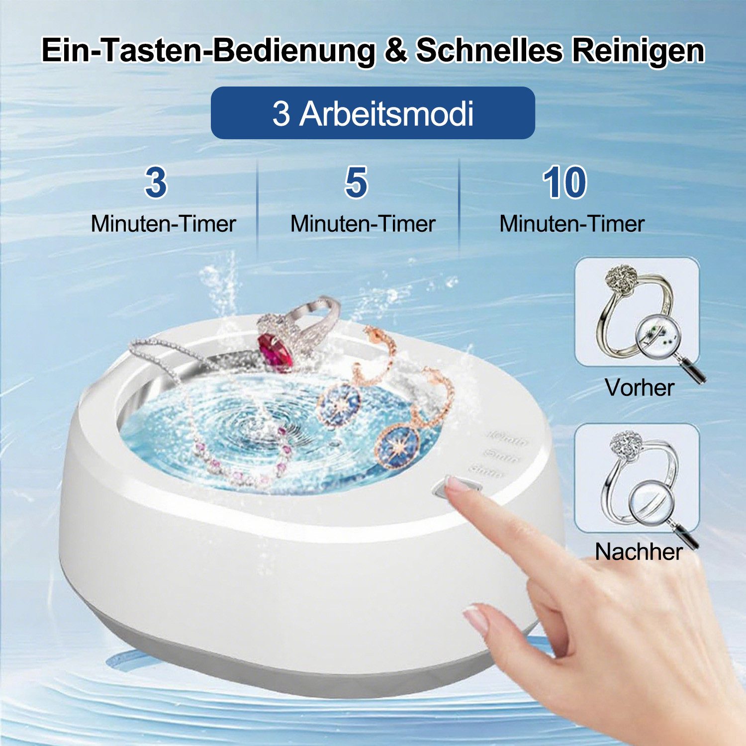 MOPUEA Ultraschallreiniger Ultraschallreiniger 49kHz 340ml Edelstahl 3 Modi Schmuckreiniger, 49kHz Ultraschall 340ml Tank LED Timer Edelstahl Reinigung
