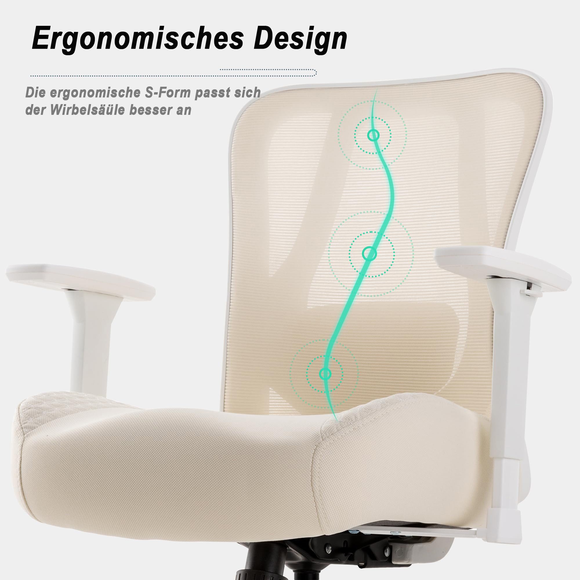 UEV Bürostuhl 230kg belastbarkeit ergonomisch, Schreibstuhl Mesh (verstellbare Armlehnen /atmungsaktiv Stoff /15cm dickem Sitzkissen), Chefsessel mit Wippfunkti – Bild 5 von 5