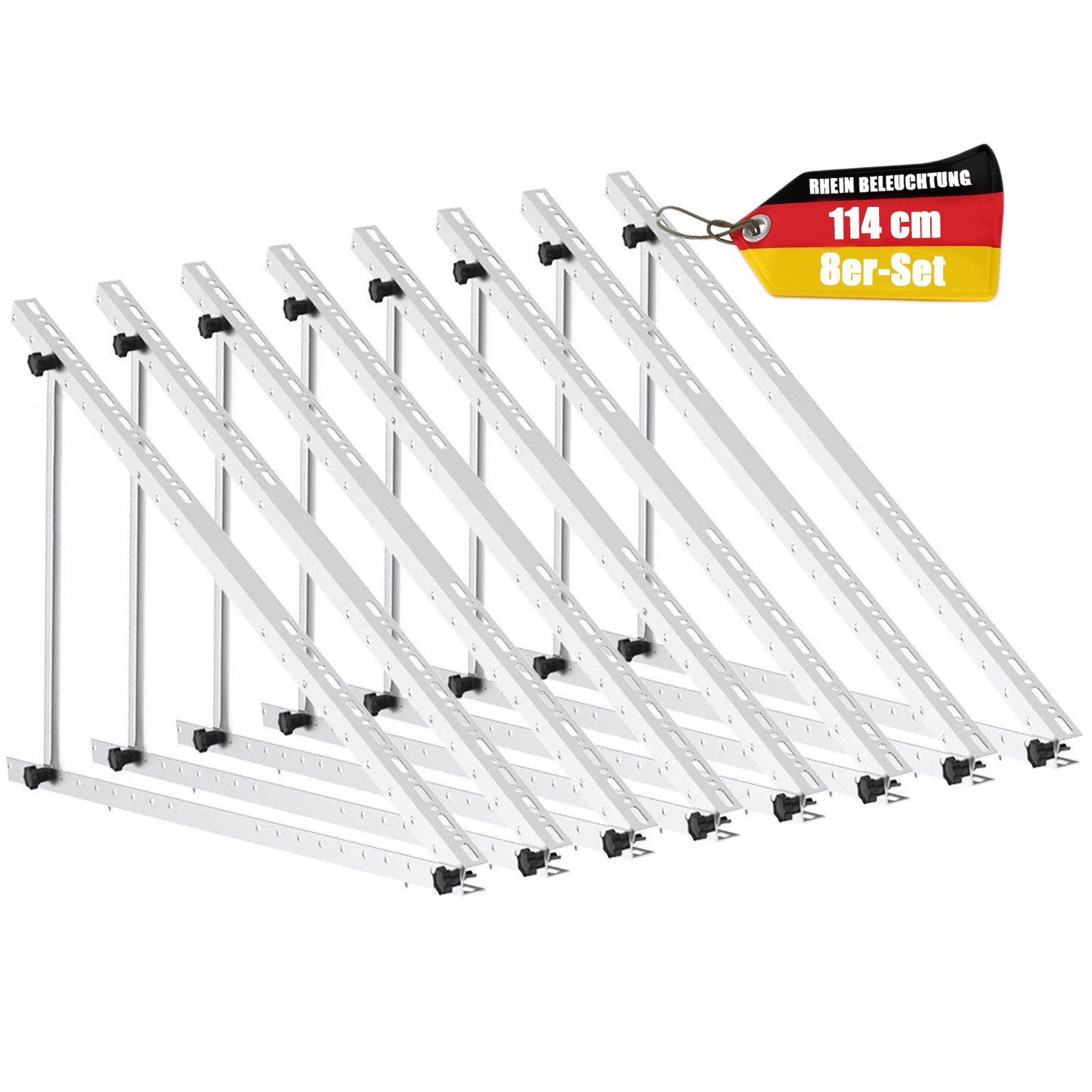 Rhein Beleuchtung Solarmodul Verstellbare Solarmodul-Halterung – 114 cm oder 118 cm, 0 W, Korrosionsbeständige Aluminiumlegierung, (Set, 8-St), 0–90° Neigungswinkel, Aluminiumlegierung, für Module bis 115 cm