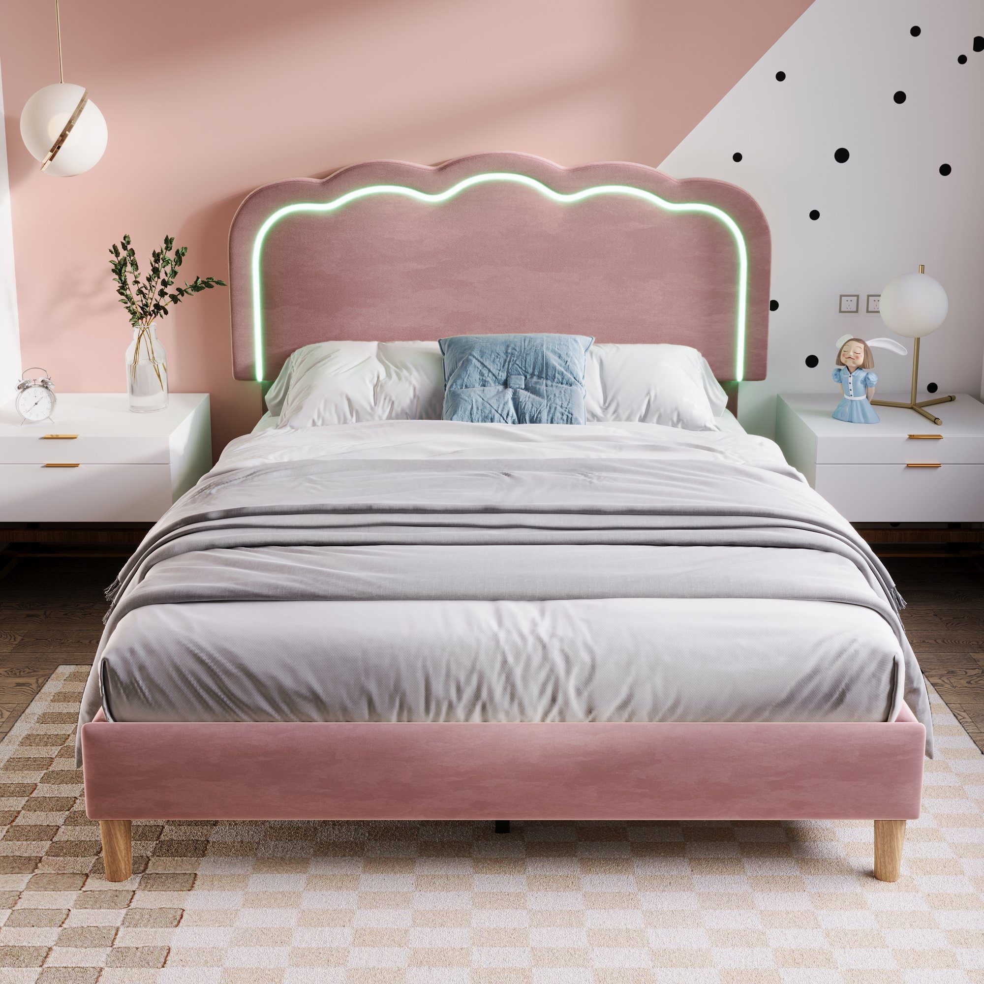Polsterbett (LED Doppelbett), mit Lattenrost & Verstellbares Kopfteil in Puff-Form, 140x200cm, Samt