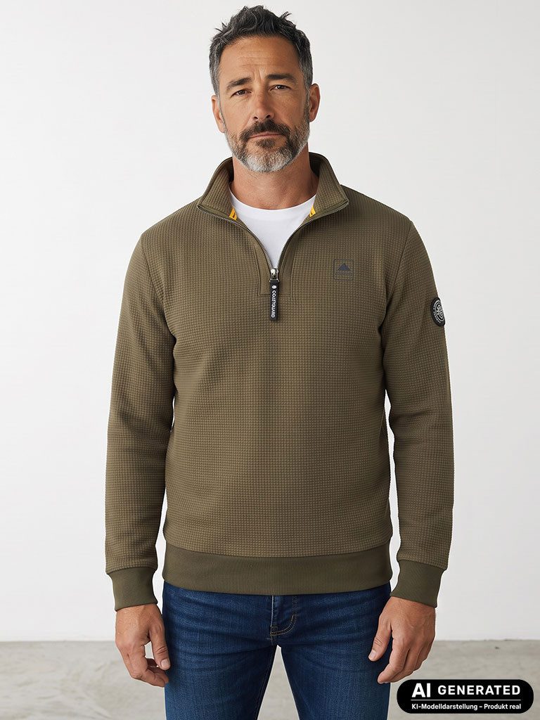 Coastguard Troyer Herren Sweat-Troyer 80937 mit Waffelstruktur - Pullover Troyer-Kragen Stehkragen mit Reißverschluss, Rippbündchen an Ärmeln und Saum