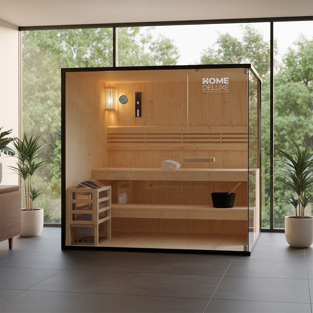 HOME DELUXE Sauna SHADOW - XL, BxTxH: 200 x 150 x 190 cm, 44 mm, (inkl. 8 kW Saunaofen, Saunasteine & komplettem Zubehör) für 5 Personen, Fichtenholz, Traditionelle Sauna