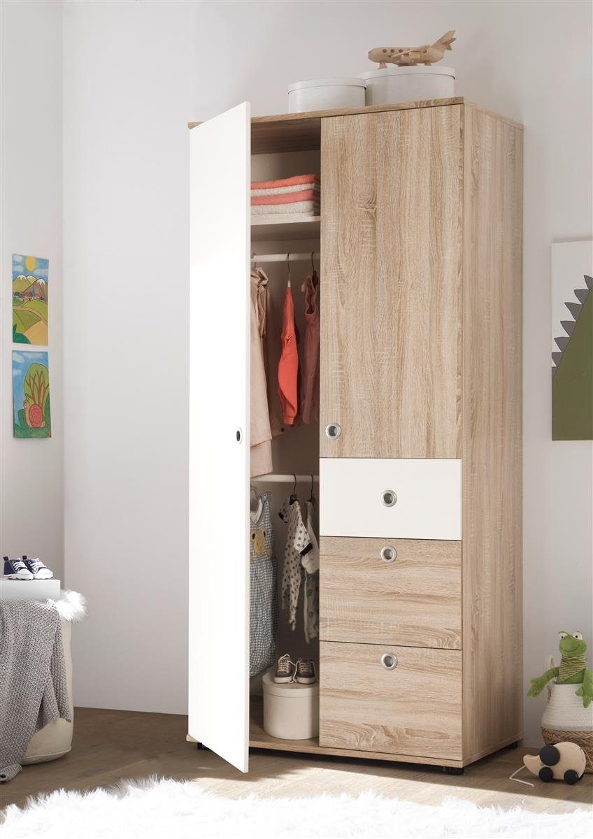 Sonoma-Eiche Moderner und dahinter 191 Höhe mit Nachbildung, cm, Kleiderstangen Breite 53 möbelando Kinder-Kleiderschrank 2 2 cm Absetzungen Weiß in in Floris 3 Spanplatte 90 3 Einlegeböden. aus Schubkästen Drehtürenschrank Tiefe cm, Türen und