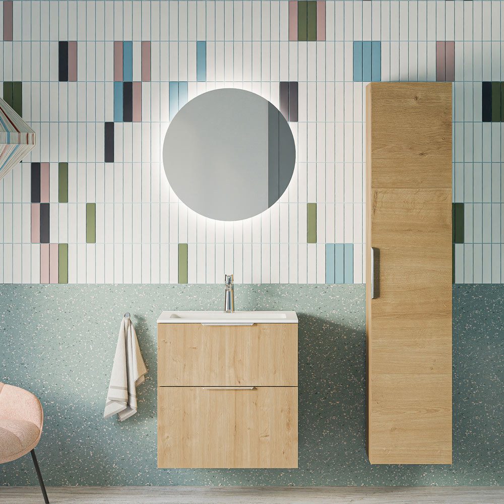Bernstein Badmöbel-Set TIM 60 Eiche nebelgrau Griff Chrom Spiegel Rund, Badmöbel Set 60cm Keramik Becken Hochschrank LED-Spiegel