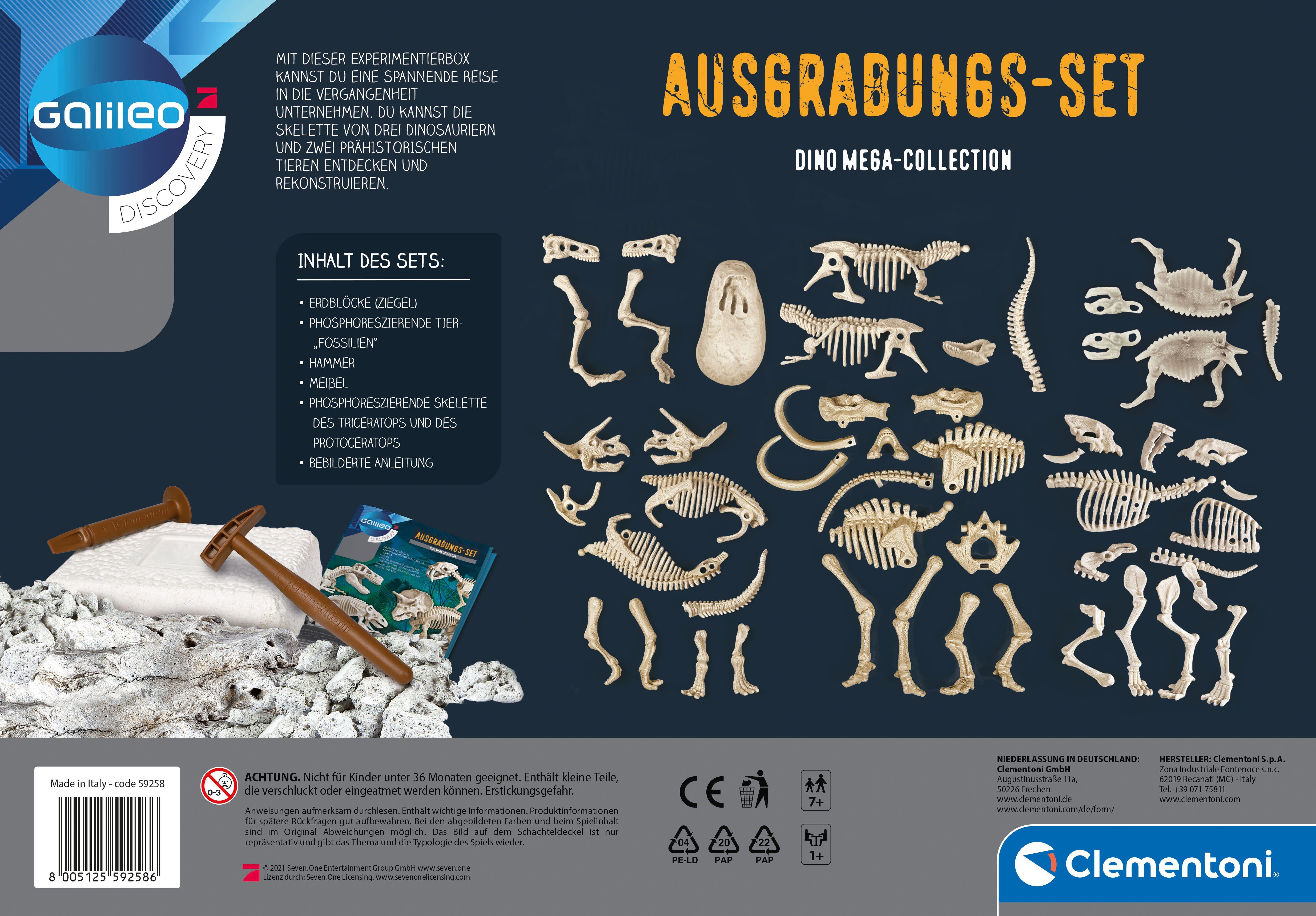 Clementoni® Experimentierkasten Galileo, Ausgrabungs-Set Dino Mega-Collection, Made in Europe