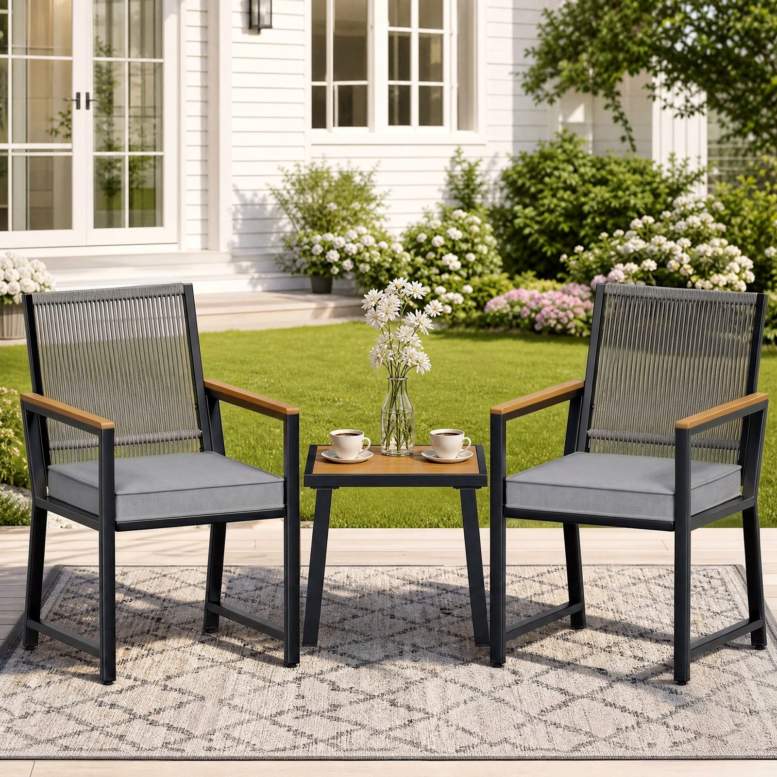 TLGREEN Gartenlounge-Set 3-teiliges Gartenmöbel-Set aus Eisen und Rattan – 2 Stühle + 1 Tisch, (3-tlg., 2 Gartenstuhl,1 Gartentisch, mit Kissen), für Terrasse, Garten und Veranda
