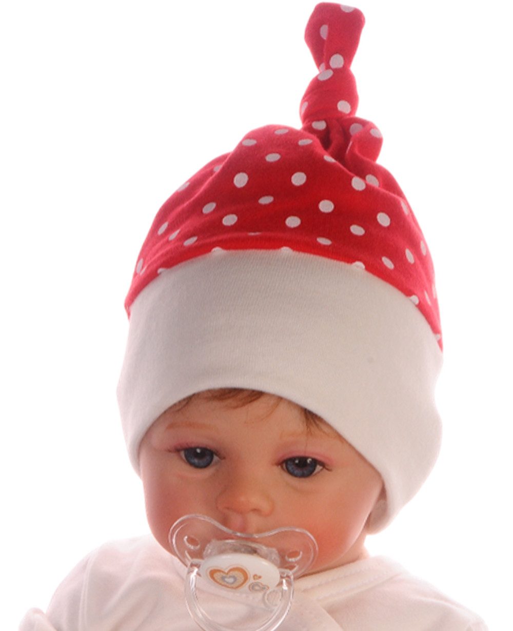 La Bortini Erstlingsmütze Baby Mütze in Rot gepunktet Weihnachtlich Knotenmütze (Babymütze, Weihnachtsmütze, rote Zipfelmütze für Neugeborene) aus Baumwolle, 34 36 38 40 42 44 46 48