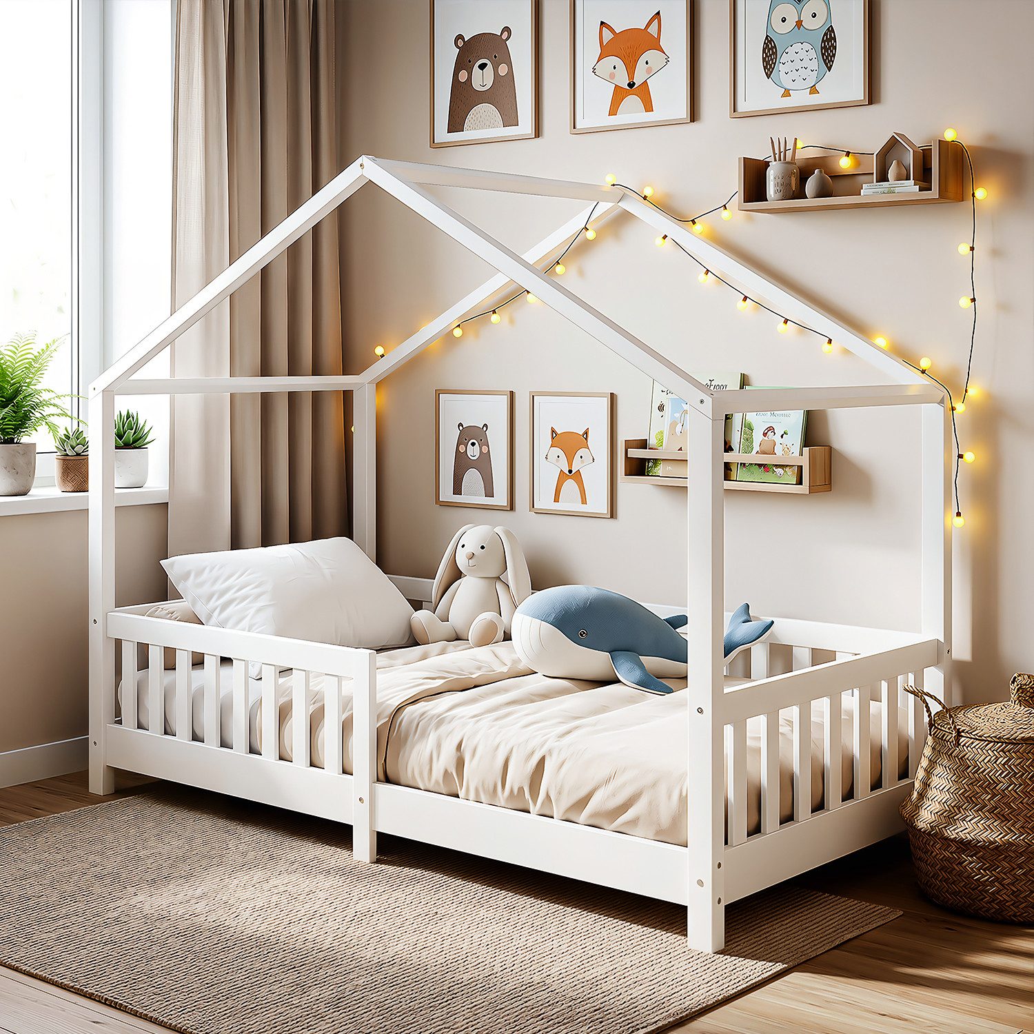 oyajia Kinderbett 90x200 cm Bodenbett Rausfallschutz abnehmbar bis 200 kg belastbar (Montessori Kinder- & Jugendbett aus Kiefer Massivholz), Bodenbett Hausbett mit Roll-Lattenrost