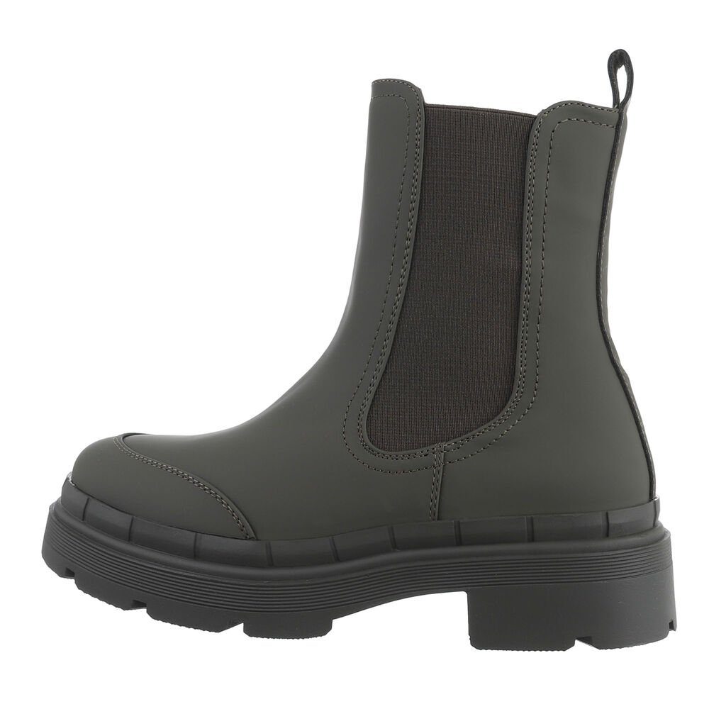 Olive Freizeit Ital-Design in Blockabsatz Stiefelette Damen Plateaustiefeletten