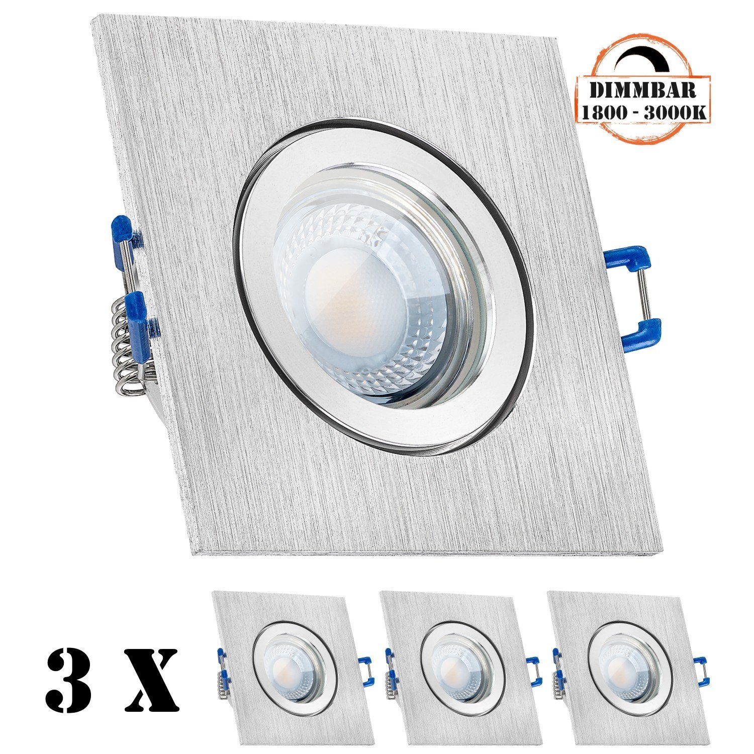 3er aluminium Einbaustrahler LED IP44 mit LED extra gebürstet LEDANDO flach Set in Einbaustrahler