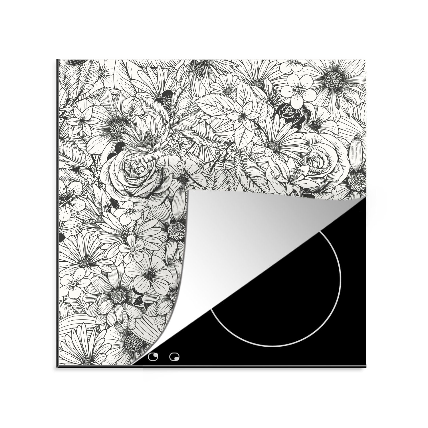 Eine 78x78 Herdblende-/Abdeckplatte küche Vinyl, für (1 florale Ceranfeldabdeckung, MuchoWow Illustration, Arbeitsplatte schwarz-weiße tlg), cm,