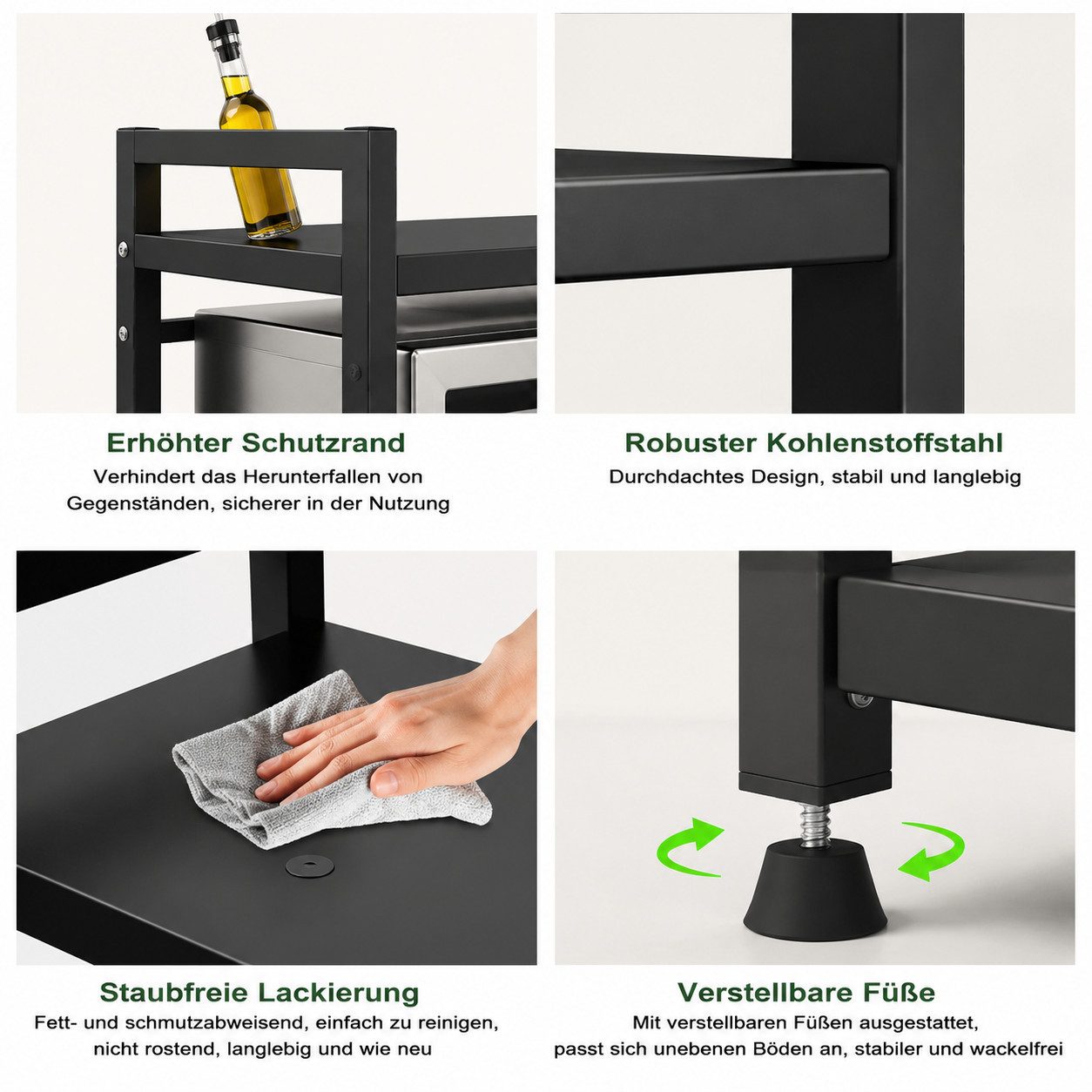 ibettertec Standregal Verstellbares Mikrowellenregal mit Haken, Küchenablage aus Stahl, Robustes Küchenregal aus Kohlenstoffstahl mit 6 Haken, flexible Anpassun – Bild 4 von 5