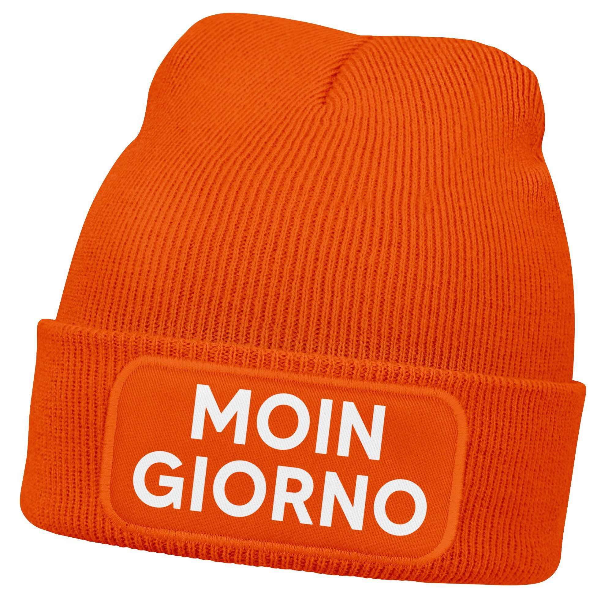 MoonWorks Strickmütze Damen Beanie mit Patch Strickmütze mit Spruch Wortspiel Moin Giorno