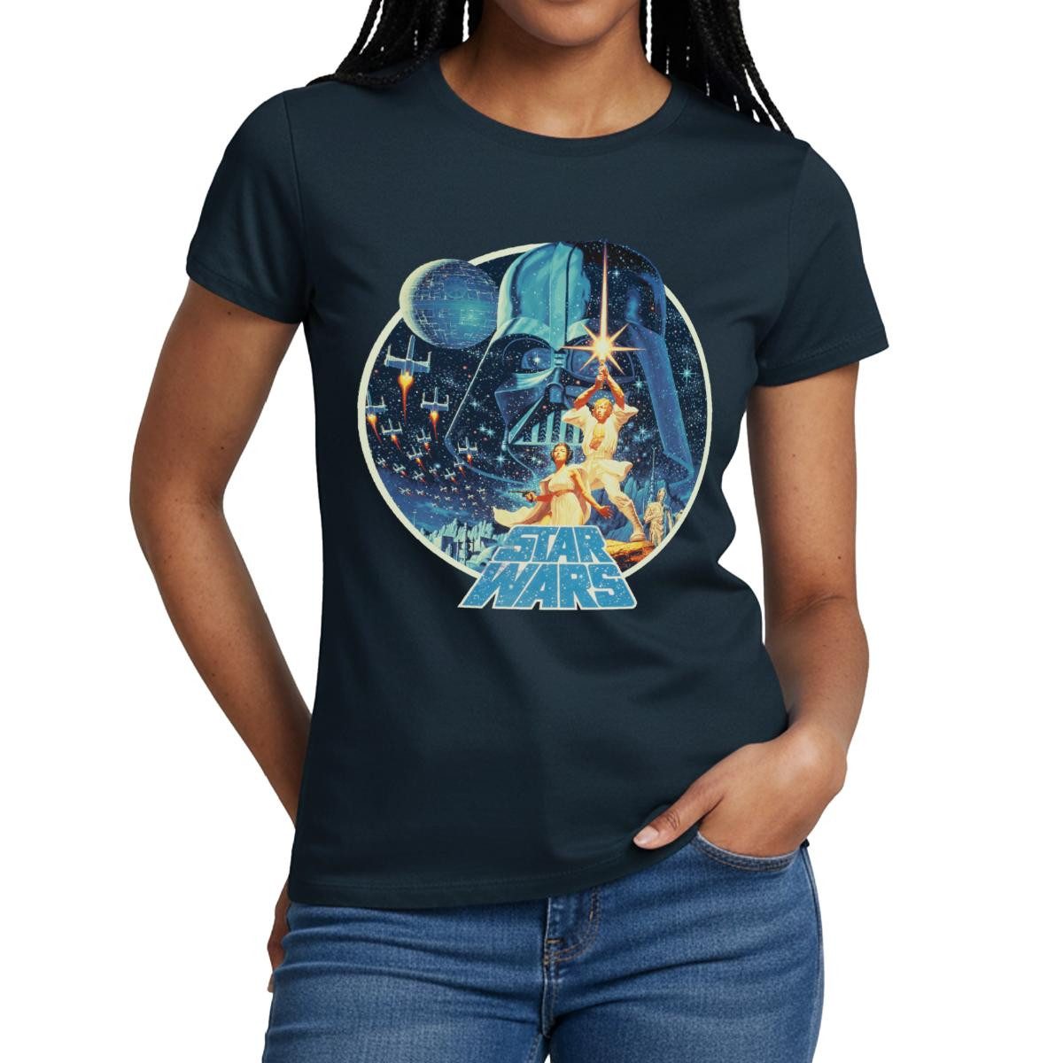 Spreadshirt T-Shirt Star Wars Galaxie Mit Ikonischen Charakteren Frauen T-Shirt (1-tlg)