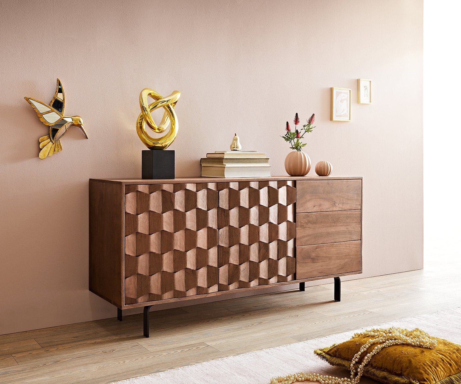 DELIFE Sideboard Fevo, Akazie Braun 145 cm 2 Türen 3 Schubfächer L-Fuß Side günstig online kaufen