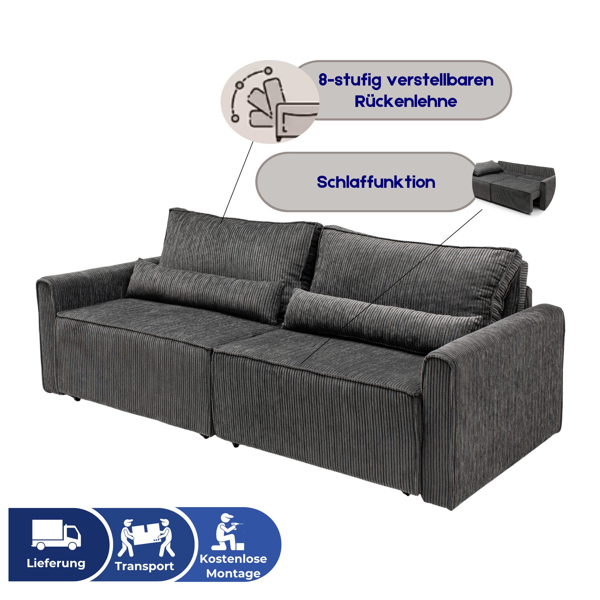 gowoll Ecksofa mit Bettfunktion und Taschenfederkern L-Form & kostenloser Montage, mit Schlaffunktion, mit verstellbarer Rückenlehne