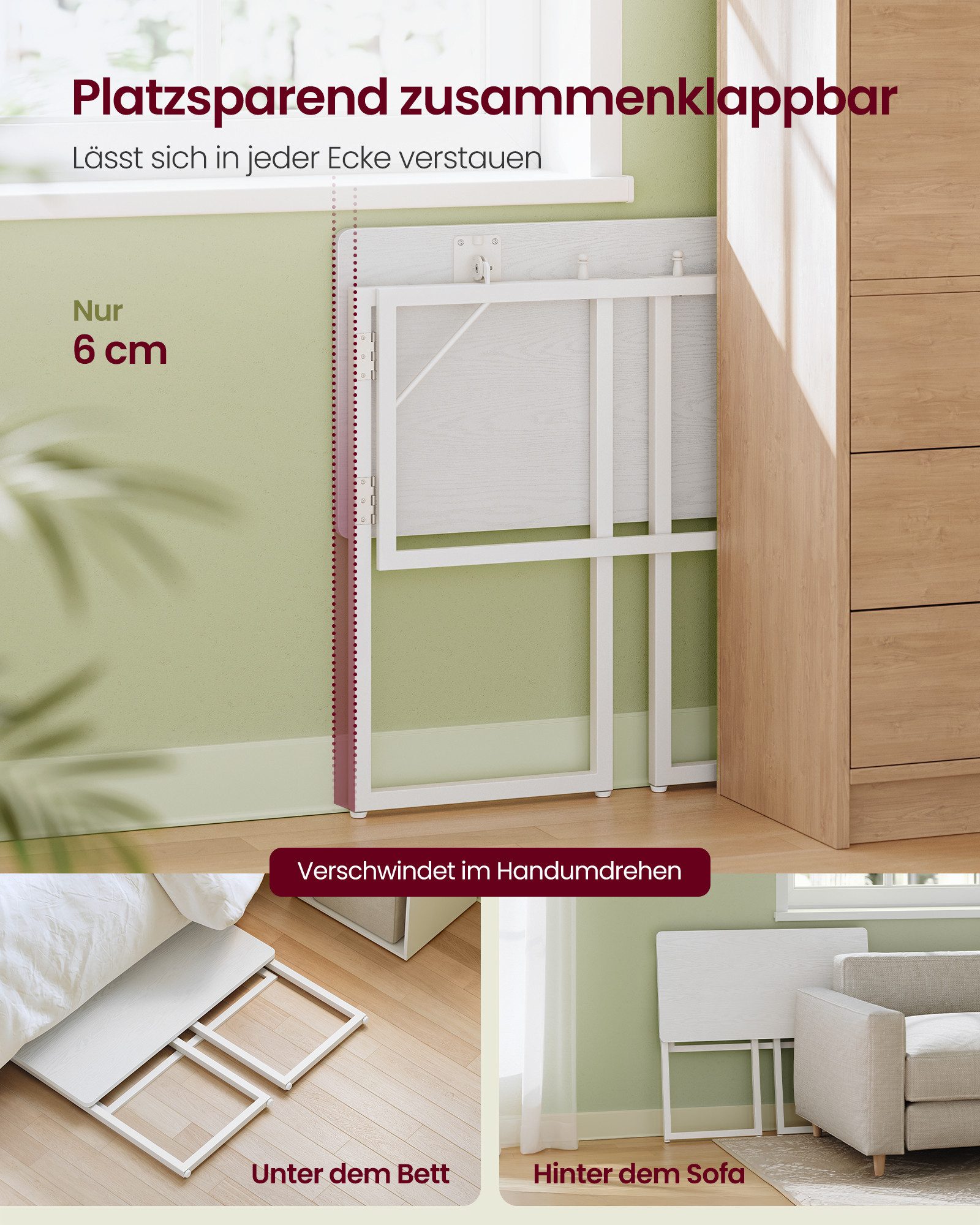 VASAGLE Schreibtisch Klapptisch, kleiner Schreibtisch klappbar, Computertisch, Tischplatte aus einem Stück, abgerundete Ecken, Tisch