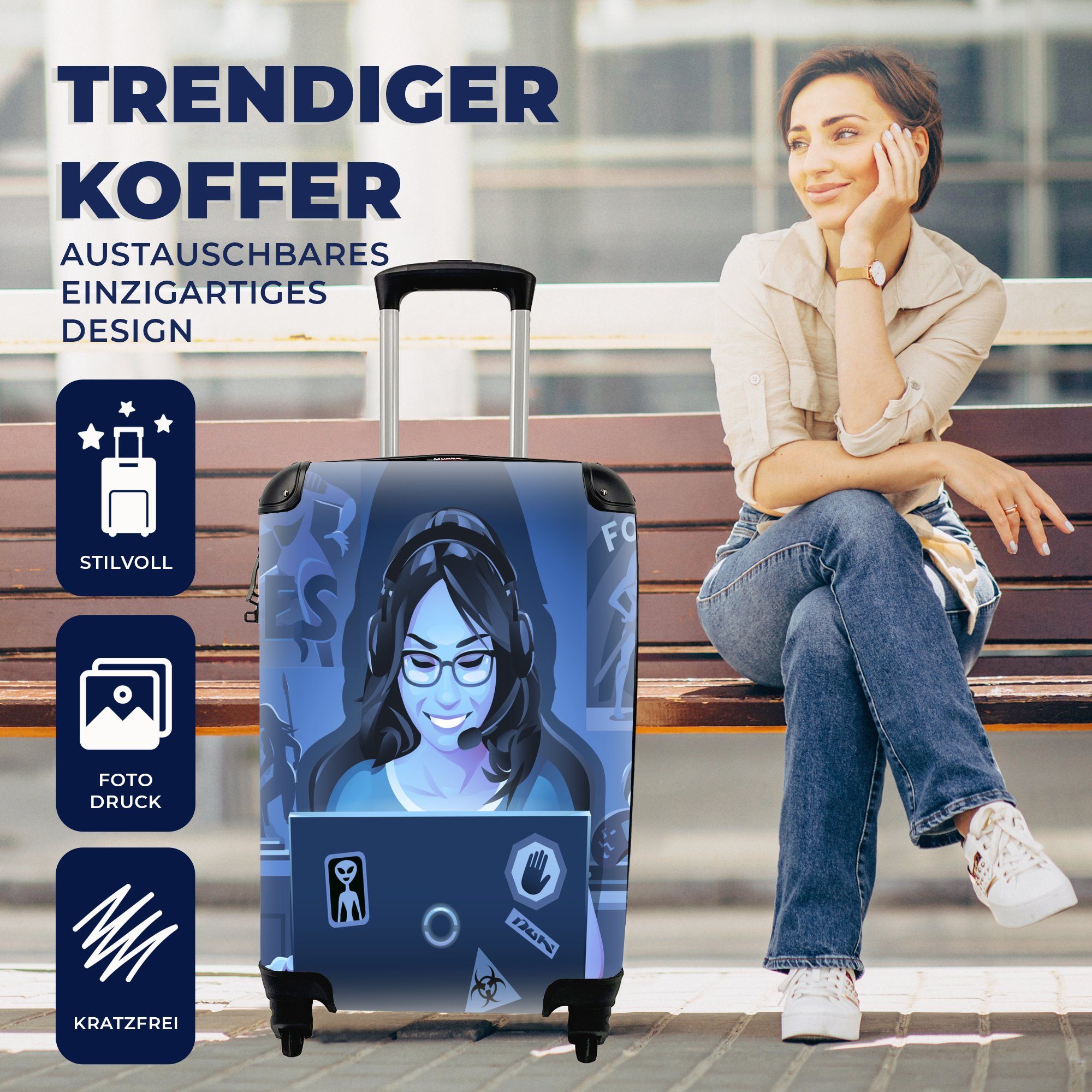 Reisetasche 4 Trolley, Rollen, - MuchoWow Handgepäckkoffer Laptop - - für Spielen Reisekoffer rollen, Frau mit Handgepäck Illustration, Ferien,
