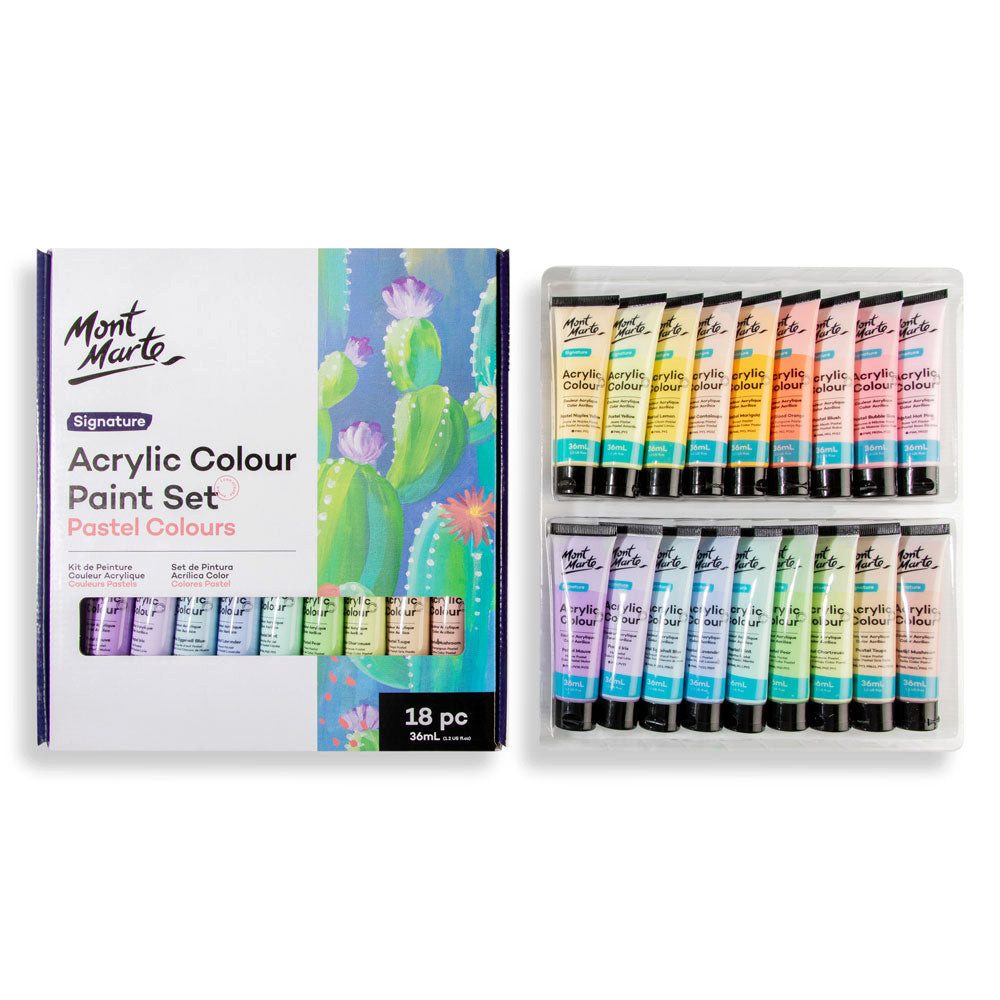 Mont Marte Acrylfarbe Pastell Set 12 / 18 / 24 / 48 x 36 ml –Deckkraft & Seidenmattes Finish, Pastellfarben für Leinwand, Karton, Papier, Ton, Holz, Steine uvm.