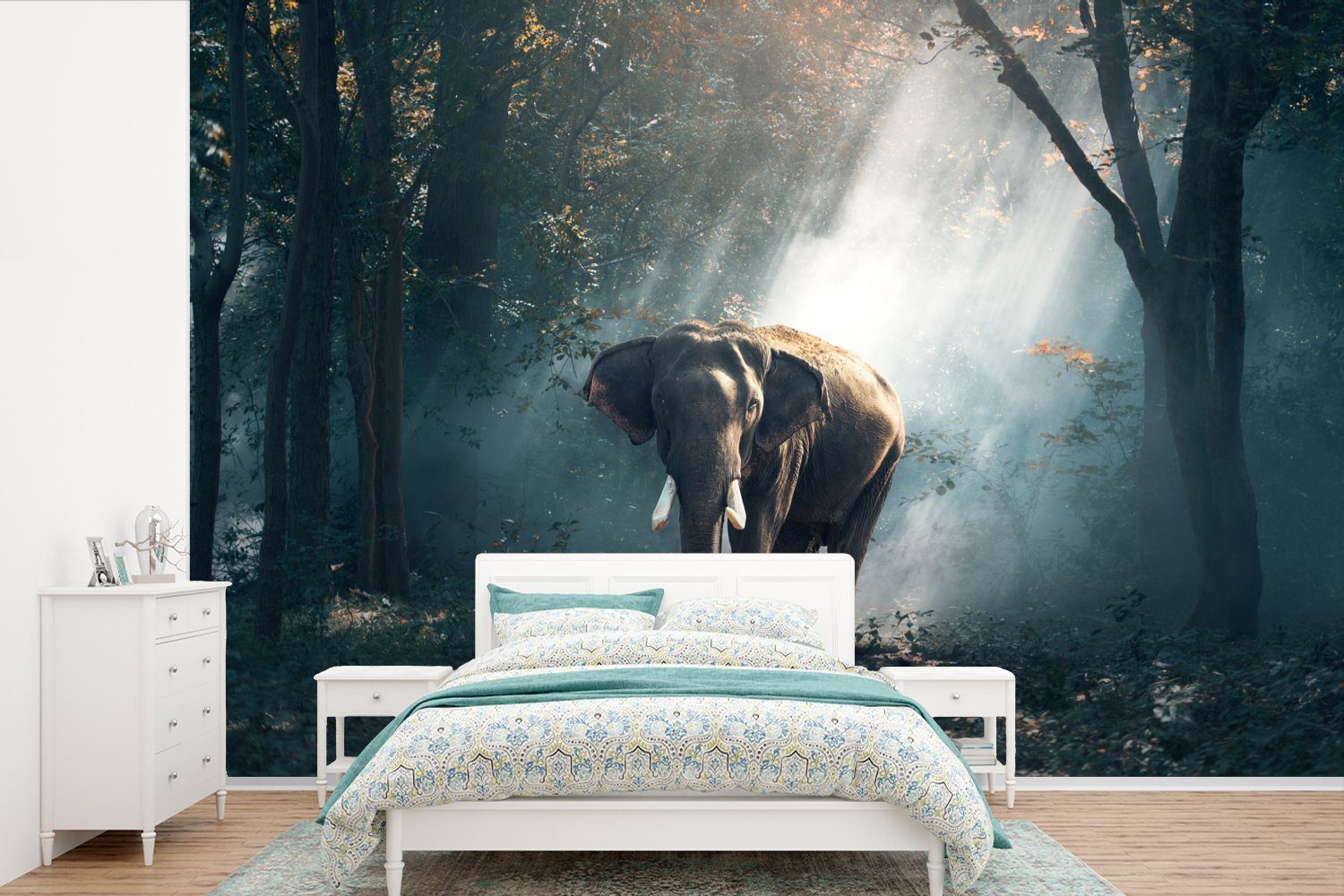 MuchoWow Fototapete Elefant - Wald - Sonne, Matt, bedruckt, (6 St), Wallpaper für Wohnzimmer, Schlafzimmer, Kinderzimmer, Vinyl Tapete