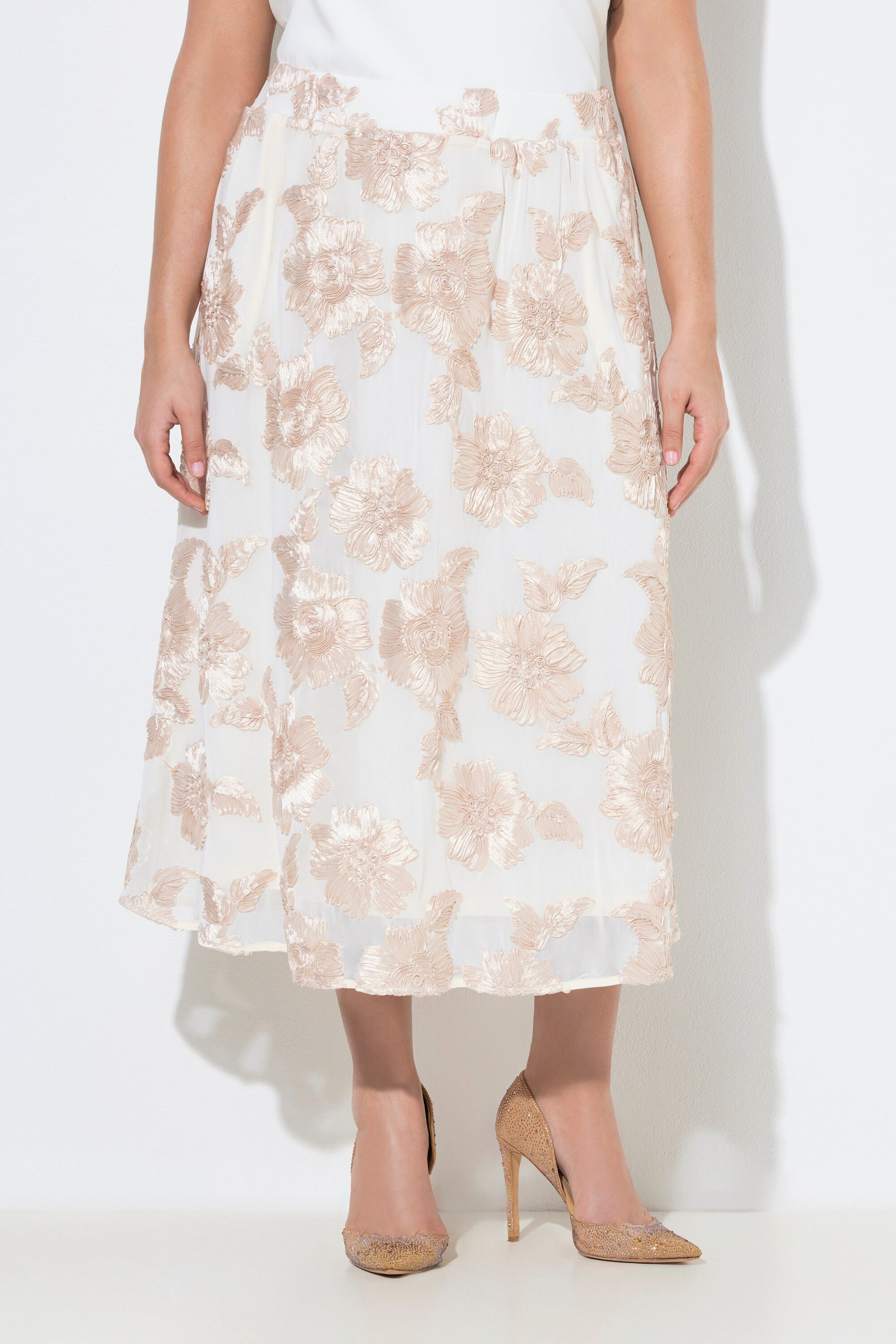 Ulla Popken Maxirock Midirock Blüten-Applikationen A-Linie Elastikbund