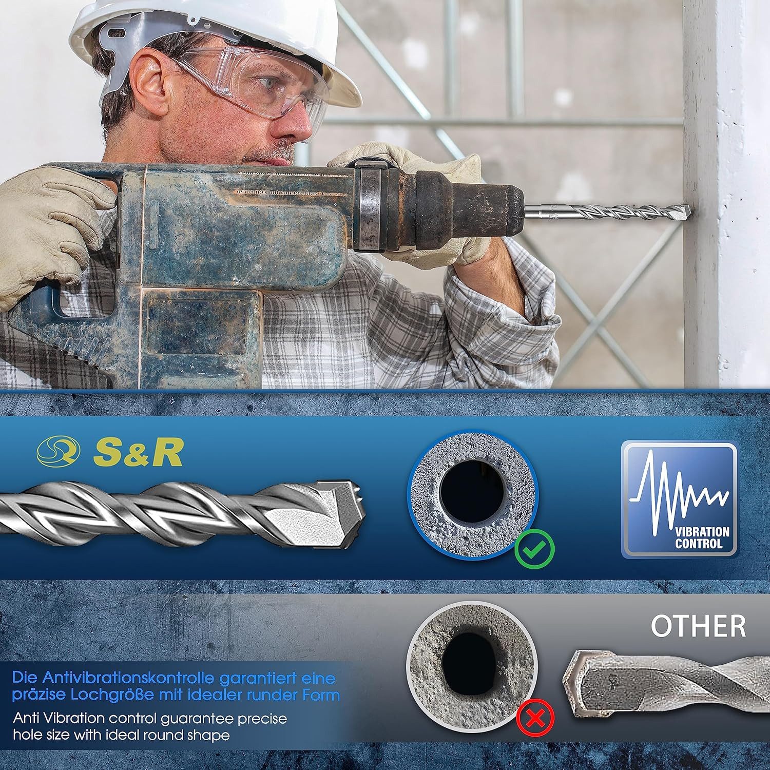 S&R Hammerbohrer Betonbohrer SDS Plus in Industriequalität Made in Germany, (Set, 7-teilig. SDS Plus 5,6,8/6,8,10,12 mm), Power Breakers Technologie, Premium Bo – Bild 5 von 5