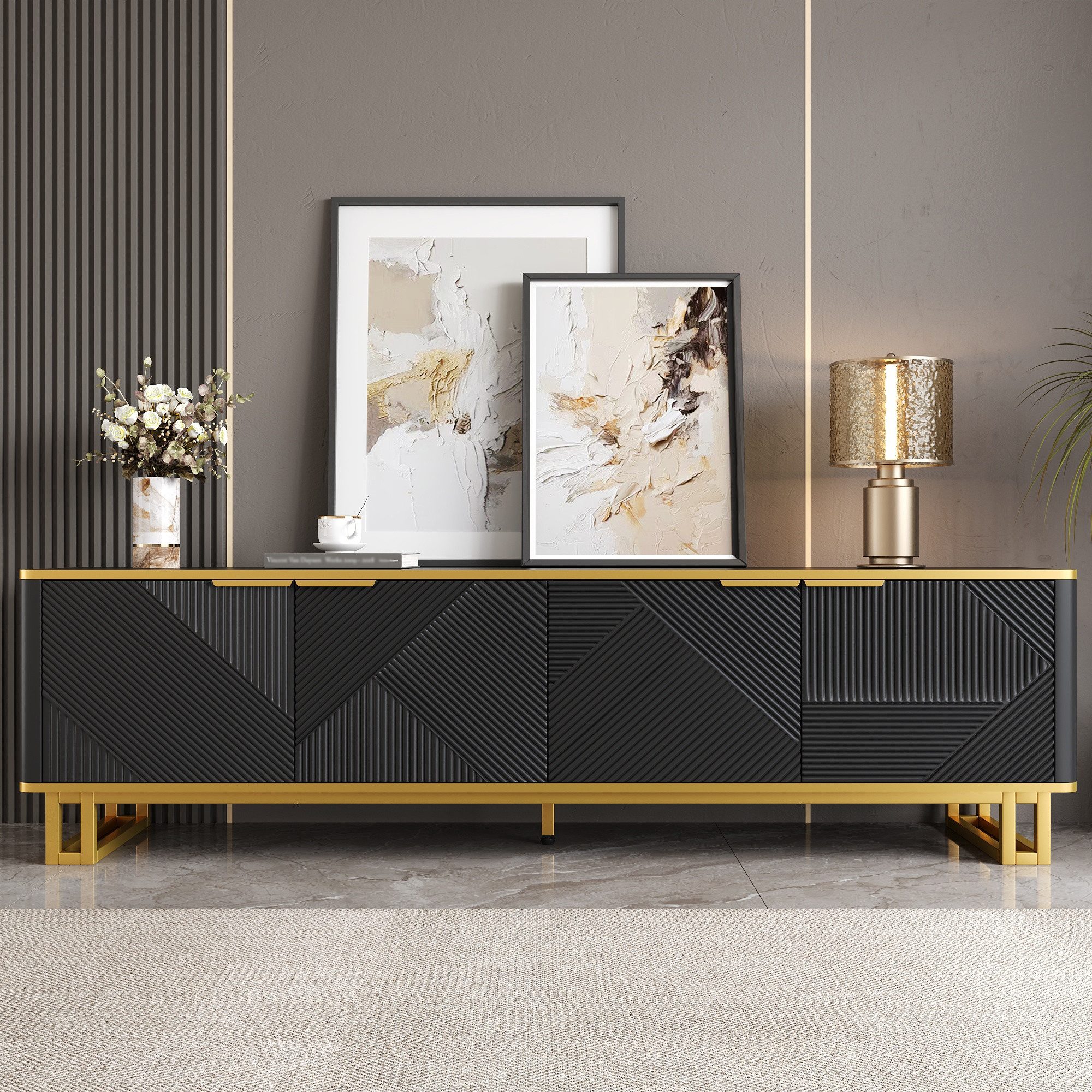 MODFU TV-Schrank Klassische Kommode in der Farbkombination Schwarz-Gold/Weiß (Packung, 1-St., 160x37,5x48 cm, mit geometrisch geprägten Türen vor 2 Fächern) Stilvolle und übersichtliche Aufbewahrungslösung