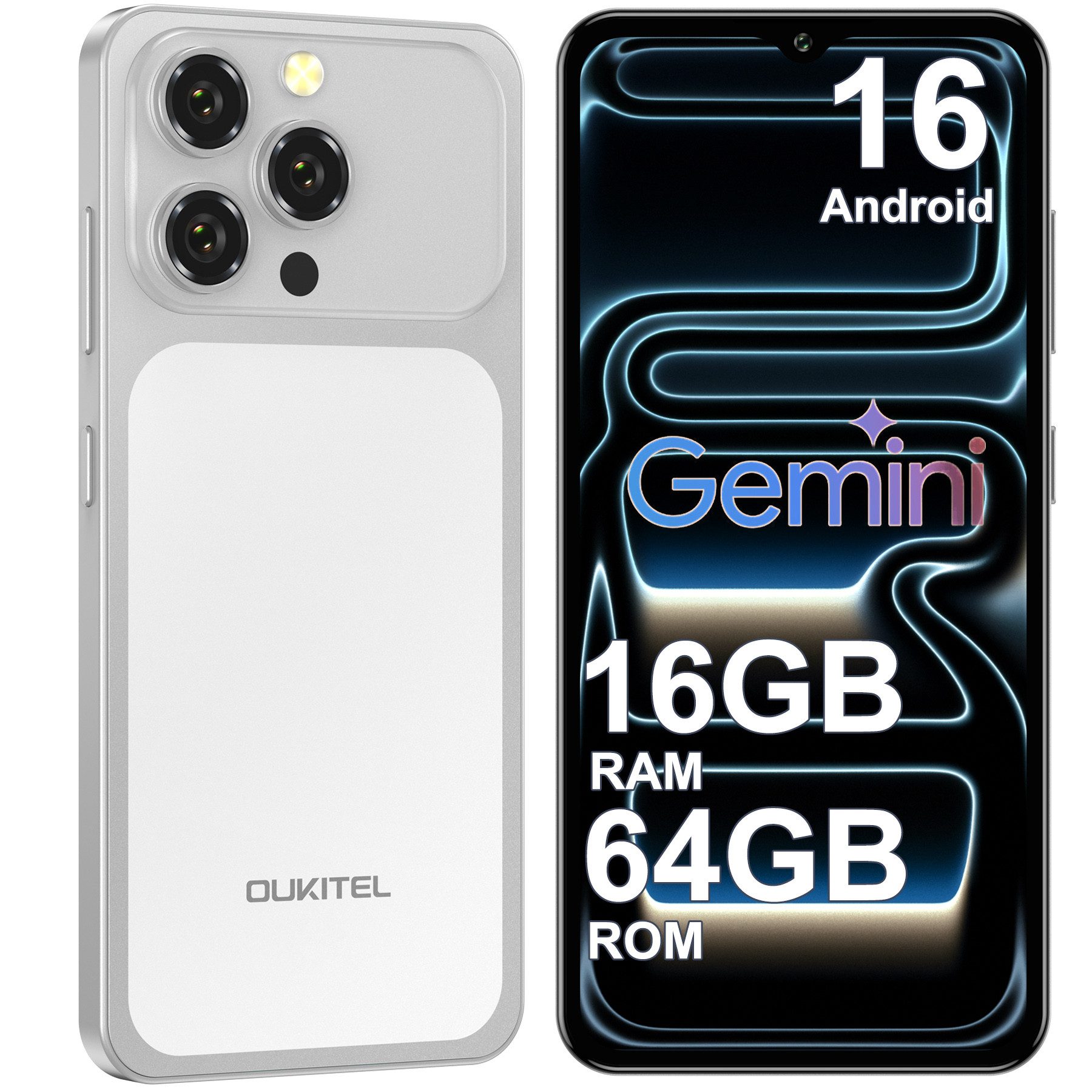 OUKITEL C17 16GB RAM+64GB ROM oder 128GB ROM/TF 1TB, Android 16 Smartphone (16,56 cm/6.52 Zoll, 64 GB Speicherplatz, 13 MP Kamera, 6.52" HD+ Display, 5000mAh, 4G-Dual-SIM, GPS, Gemini)