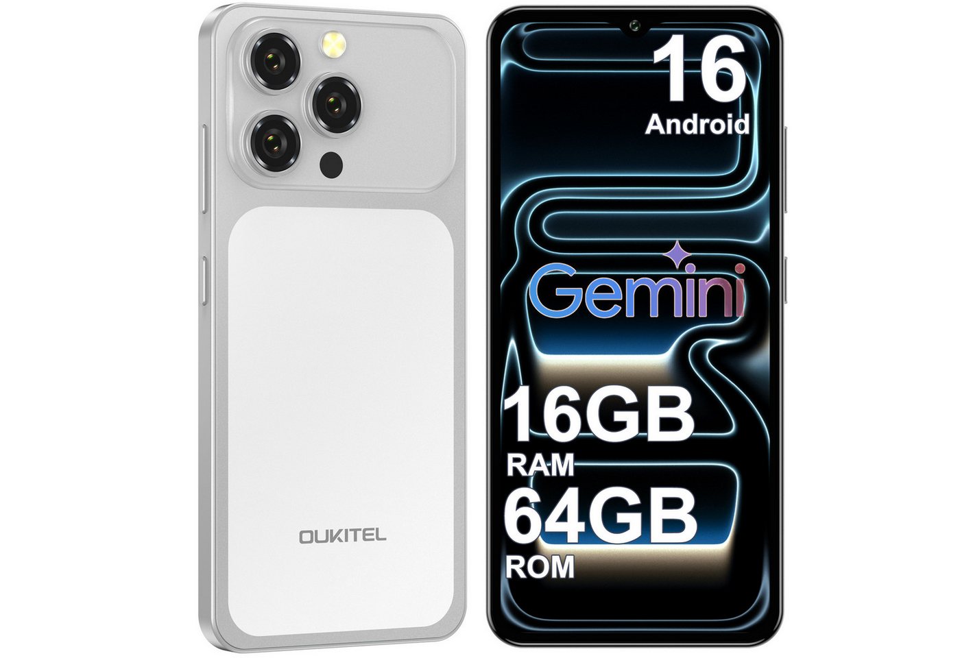 OUKITEL C17 16GB RAM+64GB ROM oder 128GB ROM/TF 1TB, Android 16 Smartphone (16,56 cm/6.52 Zoll, 64 GB Speicherplatz, 13 MP Kamera, 6.52" HD+ Display, 5000mAh, 4G-Dual-SIM, GPS, Gemini)
