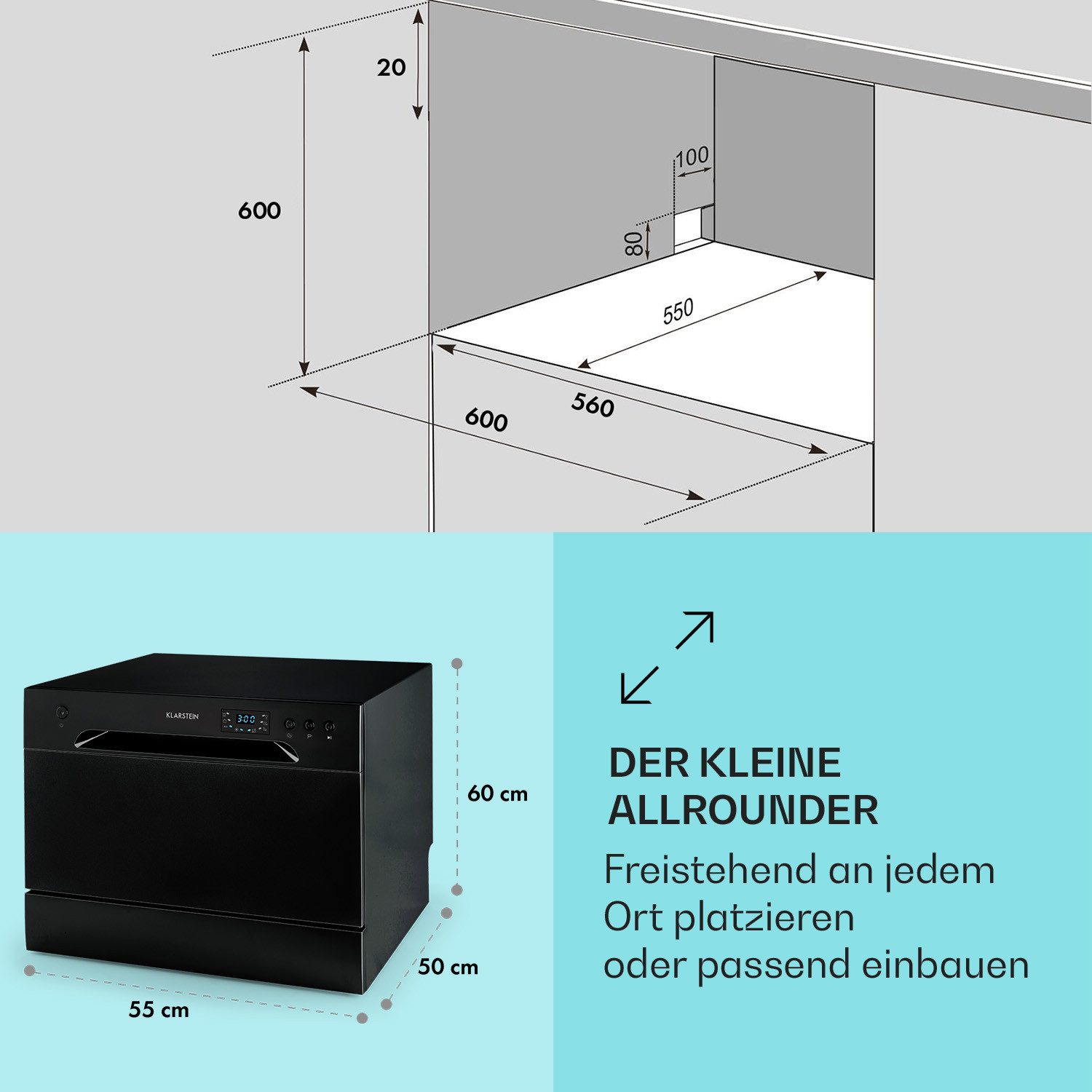 Klarstein Standgeschirrspüler DSM-Havasia-8-black 10041829, 8 l, Spühlmaschine 55 cm freistehend oder einbaufähig schwarz