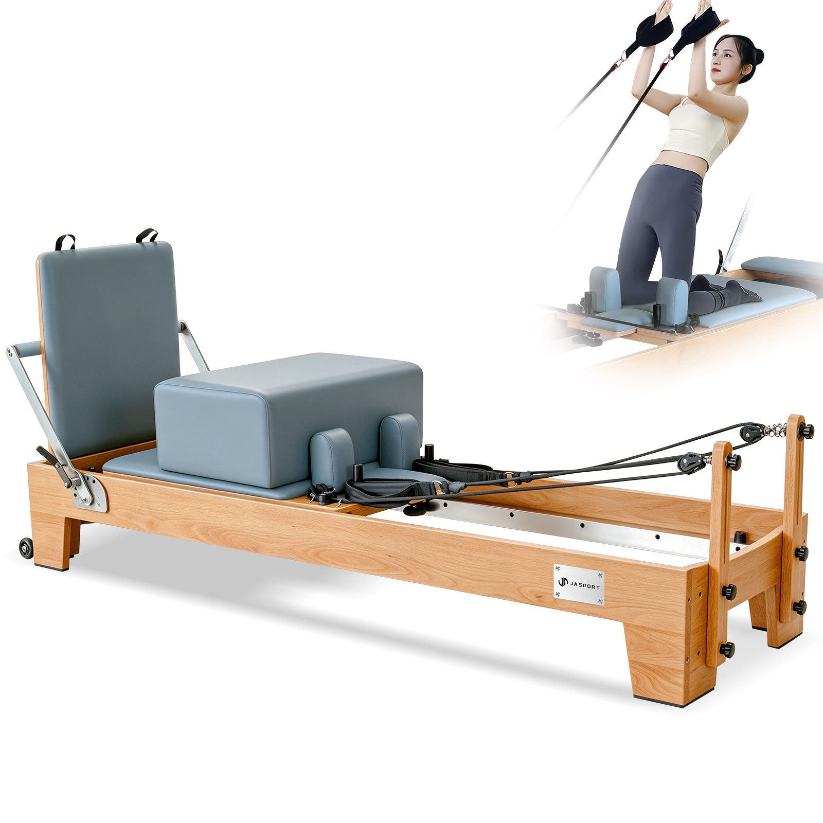 JASPORT Pilates-Reformer Hochwertige Holz-Reformer Serie für Pilates-Studios, (Komplettset mit 6 Federn, Sitzbox, Jumpboard und Fußschlaufen), Für Heimtraining und professionelle Studios geeignet