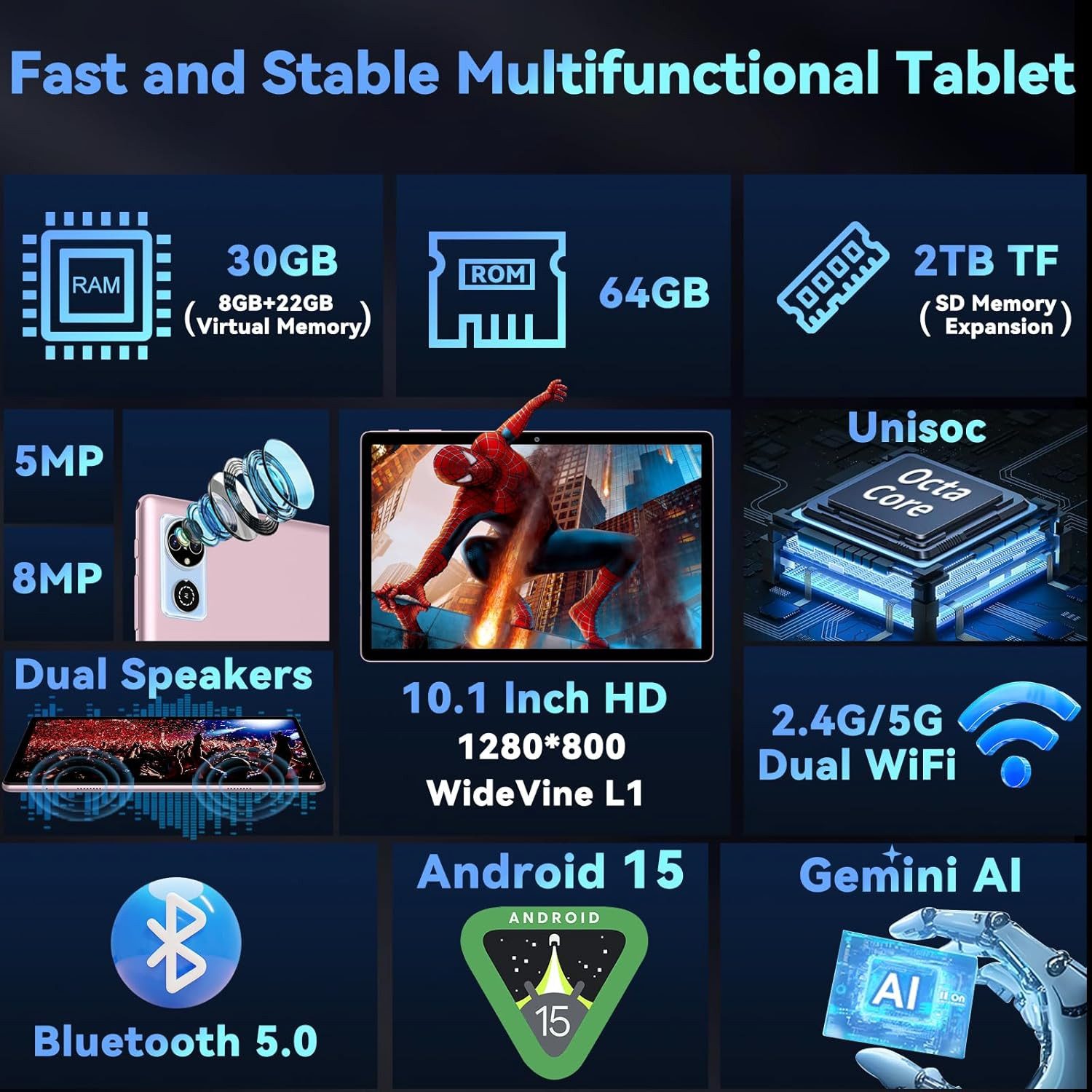 DEERTiME Android 15 Tablet 30GB RAM 64GB Speicher/erweiterbar auf bis 2TB Tablet (10,1", 64 GB, Android 15, 6000mAh, Gemini AI, 5G WiFi, Widevine L1, mit Tastatur/Maus)