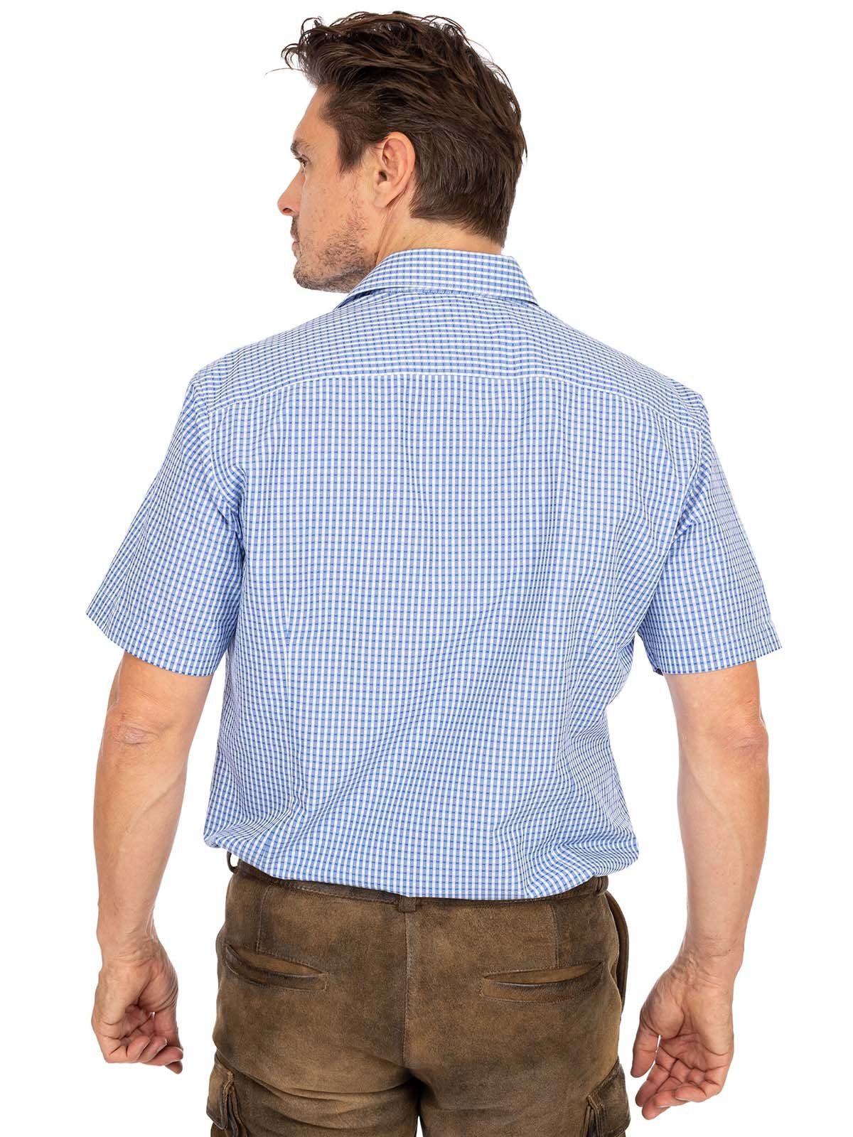 OS-Trachten Trachtenhemd Kurzarmhemd Fit) Karo (Slim IMMENSTADT blau