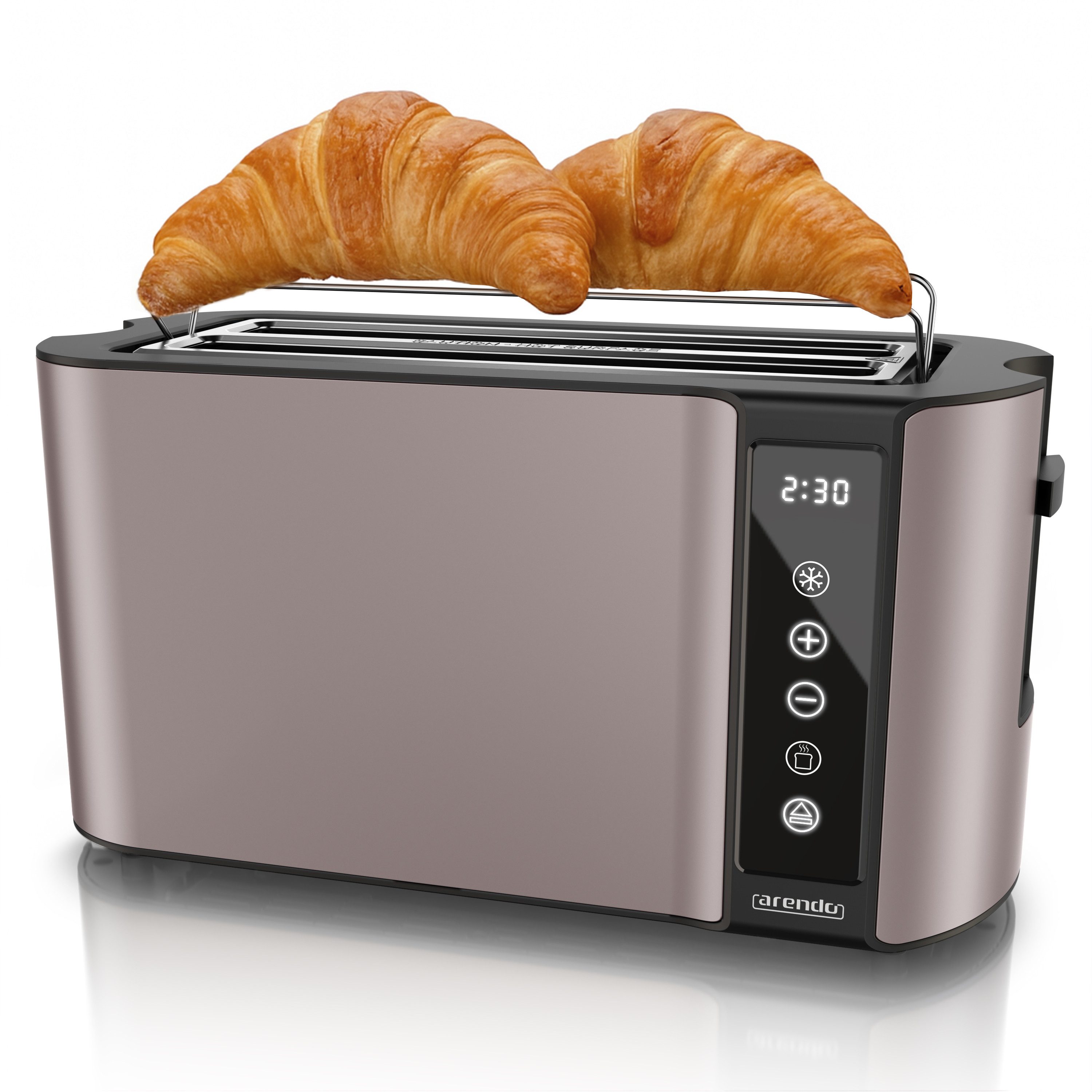 Arendo Toaster Wärmeisoliertes Doppelwandgehäuse, Display mit Restzeitanzeige, 2 lange Schlitze, für 4 Scheiben, 1500 W, Touchpanel, Brötchenaufsatz, 7 Bräunungsgrade, Brotscheibenzentrierung