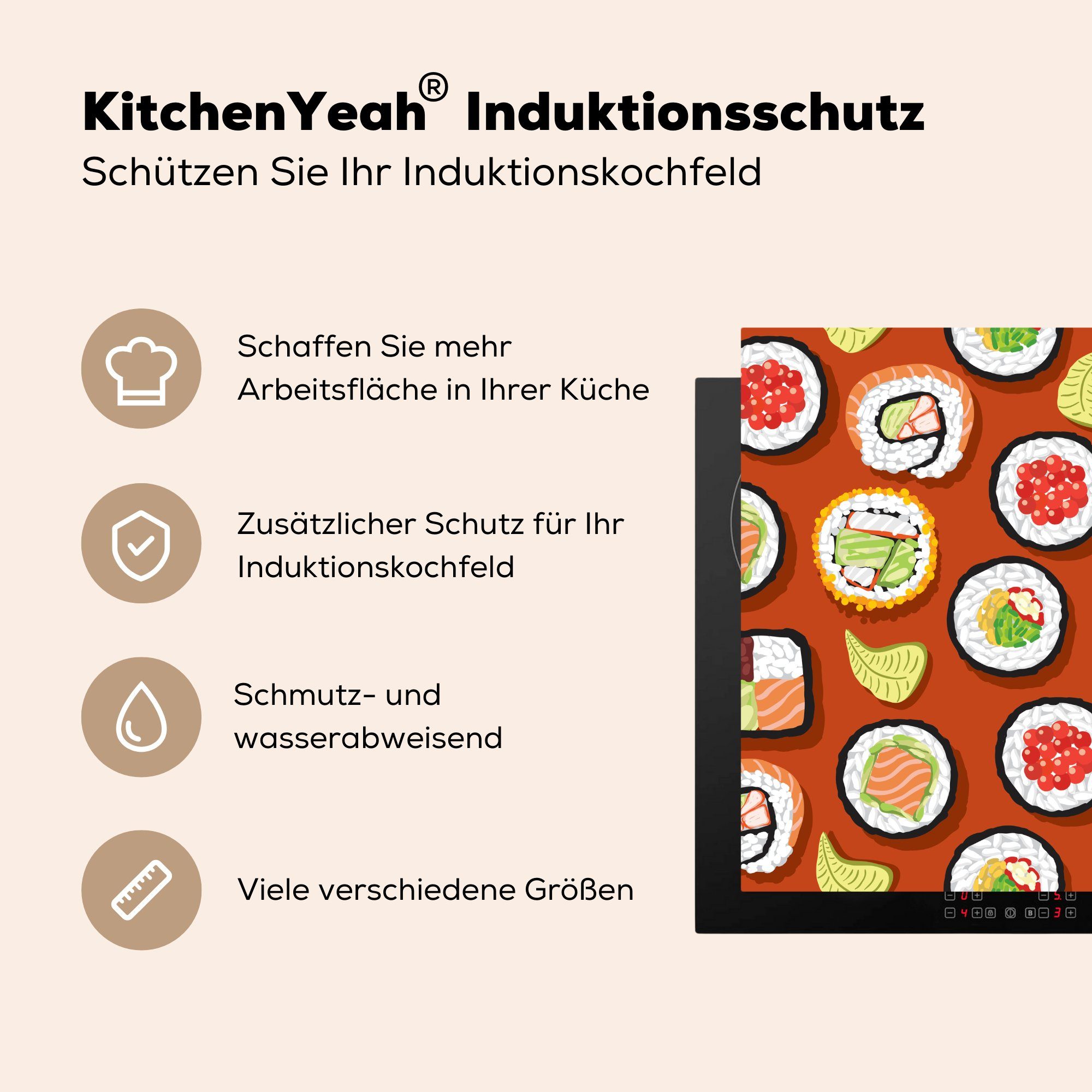 küche (1 cm, Ceranfeldabdeckung, tlg), Sushi-Illustration auf für Herdblende-/Abdeckplatte Hintergrund, Vinyl, braunem Arbeitsplatte MuchoWow 78x78