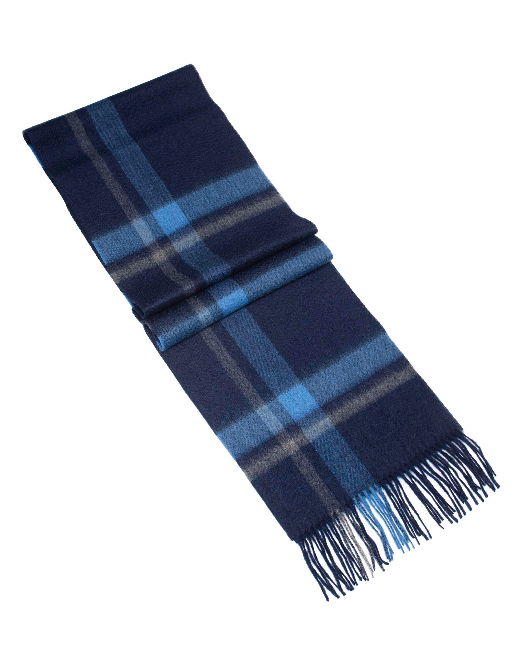 MayTree Kaschmirschal Unisex, 180 x 30cm, mit Fransen, gewebt Tartan dunkelblau grau, (Stück, 1-St), 100% Kaschmir