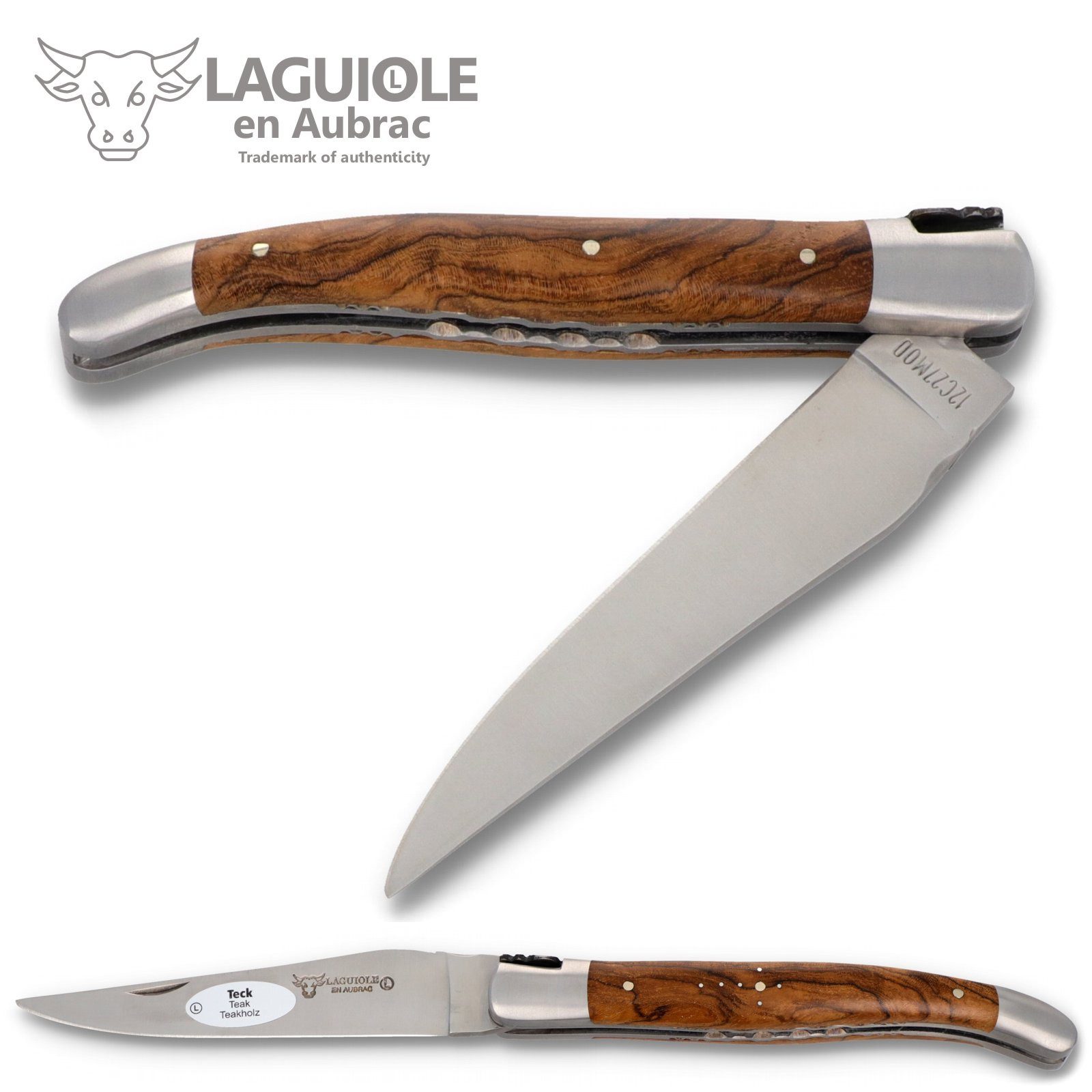 Laguiole en Aubrac Taschenmesser L0712LKIF-SAT, Griff 12cm Teak Maserknolle - Doppelplatine - Stahl satiniert
