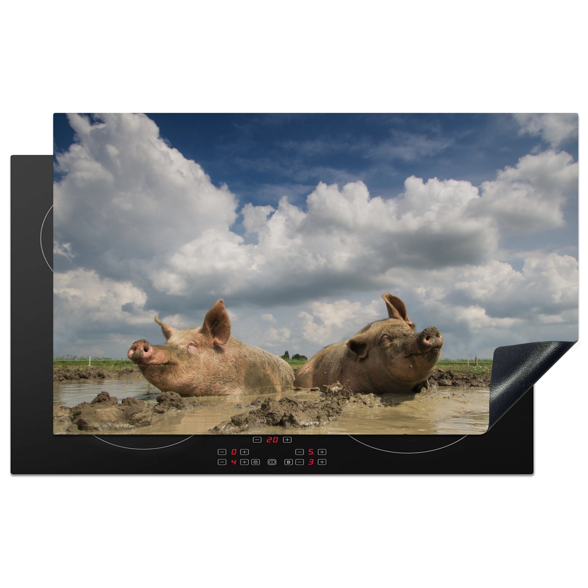 MuchoWow Herdblende-/Abdeckplatte Schweine - Schlamm - Wolken, Vinyl, (1 tlg), 83x51 cm, Ceranfeldabdeckung, Arbeitsplatte für küche