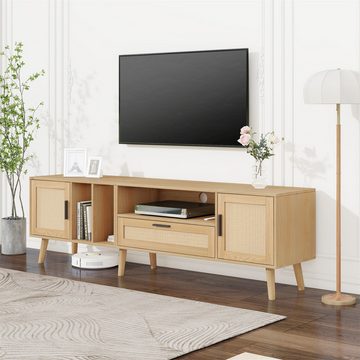 autolock TV-Schrank TV-Konsolentisch mit echtem Rattandesign,TV-Board für 80-Zoll-Fernseher,Beine aus Massivholz,stilvolle Aufbewahrung