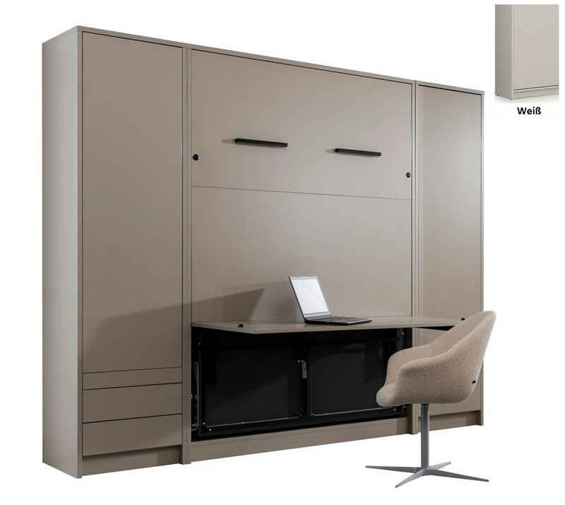 QMM TraumMöbel Schrankbett Wandbett GN 140x200 mit Schreibtisch & 2 Schränken (Set) vertikal klappbar