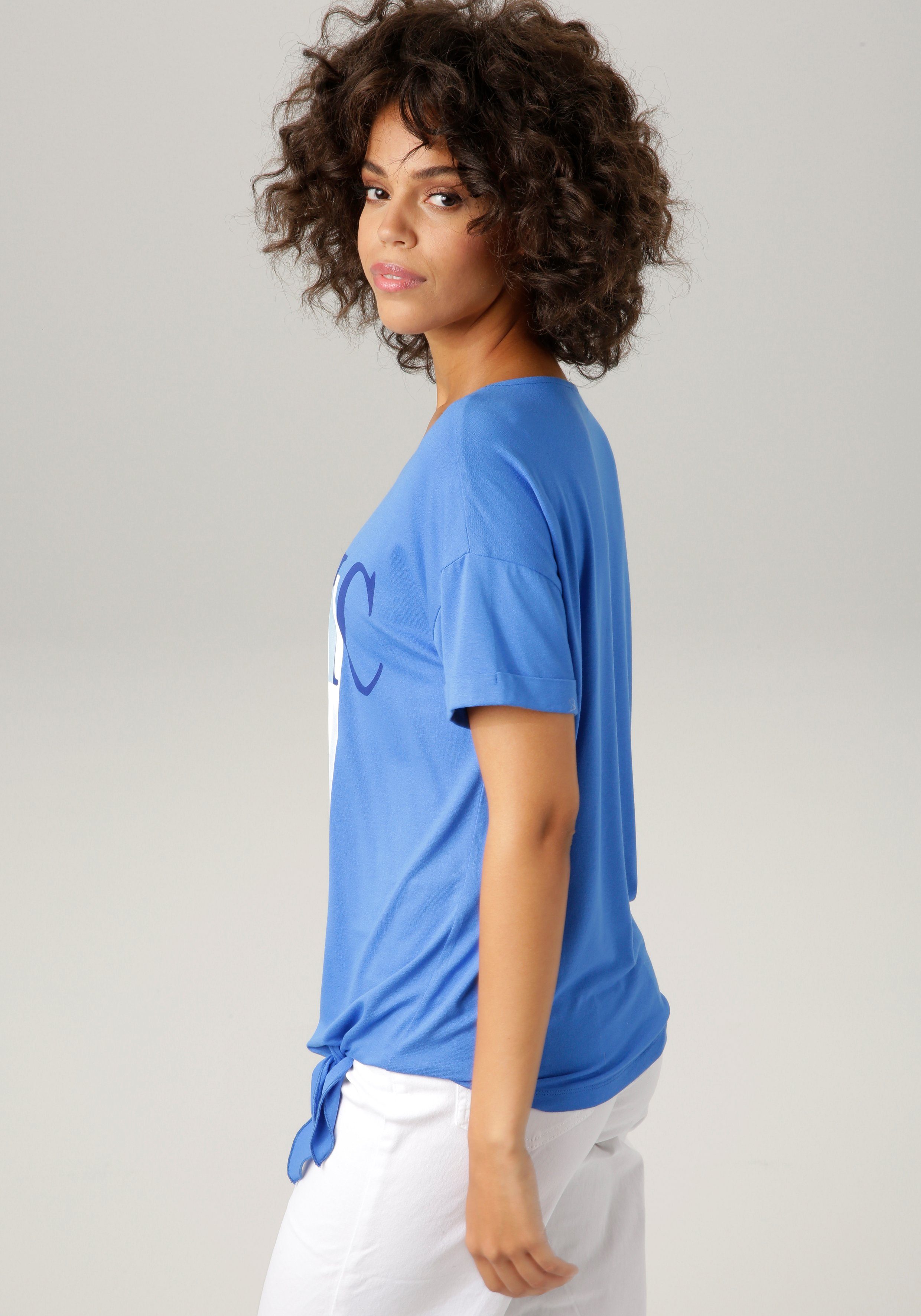 Aniston CASUAL Frontdruck royalblau-marine-wollweiß-hellpetrol-sand-schwarz "ethnischem" T-Shirt mit ausdrucksstarkem