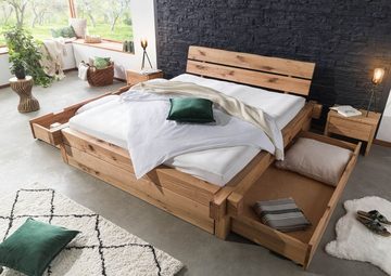 Massivmoebel24 Massivholzbett JANGALI (Bett aus robustem Massivholz, massives Holzbett Bettgestell, Modernes Balkenbett mit zweigeteiltem Kopfteil, inklusive 2 großen Schubladen für viel Stauraum, natur geölt 140x200 Zerreiche)