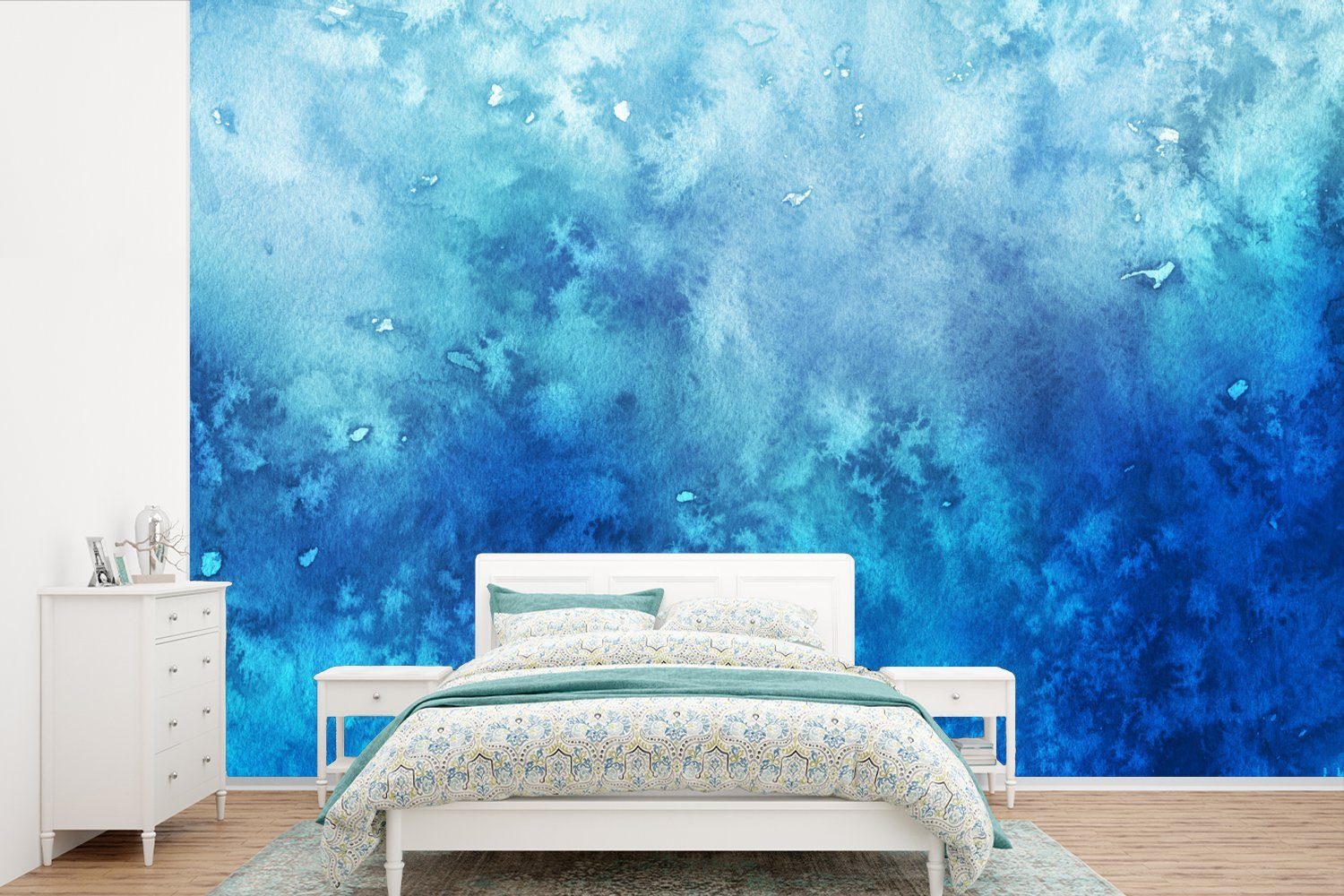 MuchoWow Fototapete Aquarell - Blau - Muster, Matt, bedruckt, (6 St), Wallpaper für Wohnzimmer, Schlafzimmer, Kinderzimmer, Vinyl Tapete