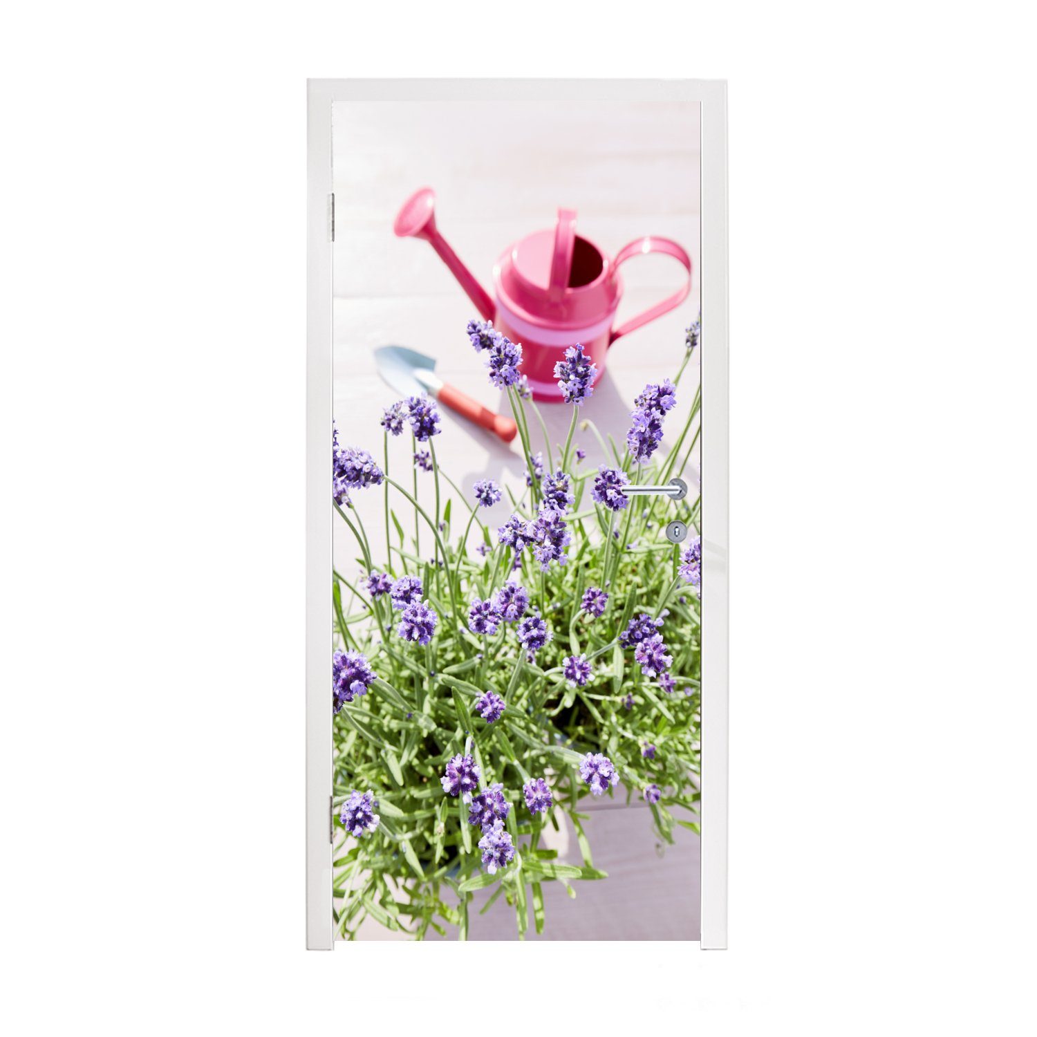 MuchoWow Türtapete Gießkanne - Blumen - Lavendel, Matt, bedruckt, (1 St), Fototapete für Tür, Türaufkleber, 75x205 cm