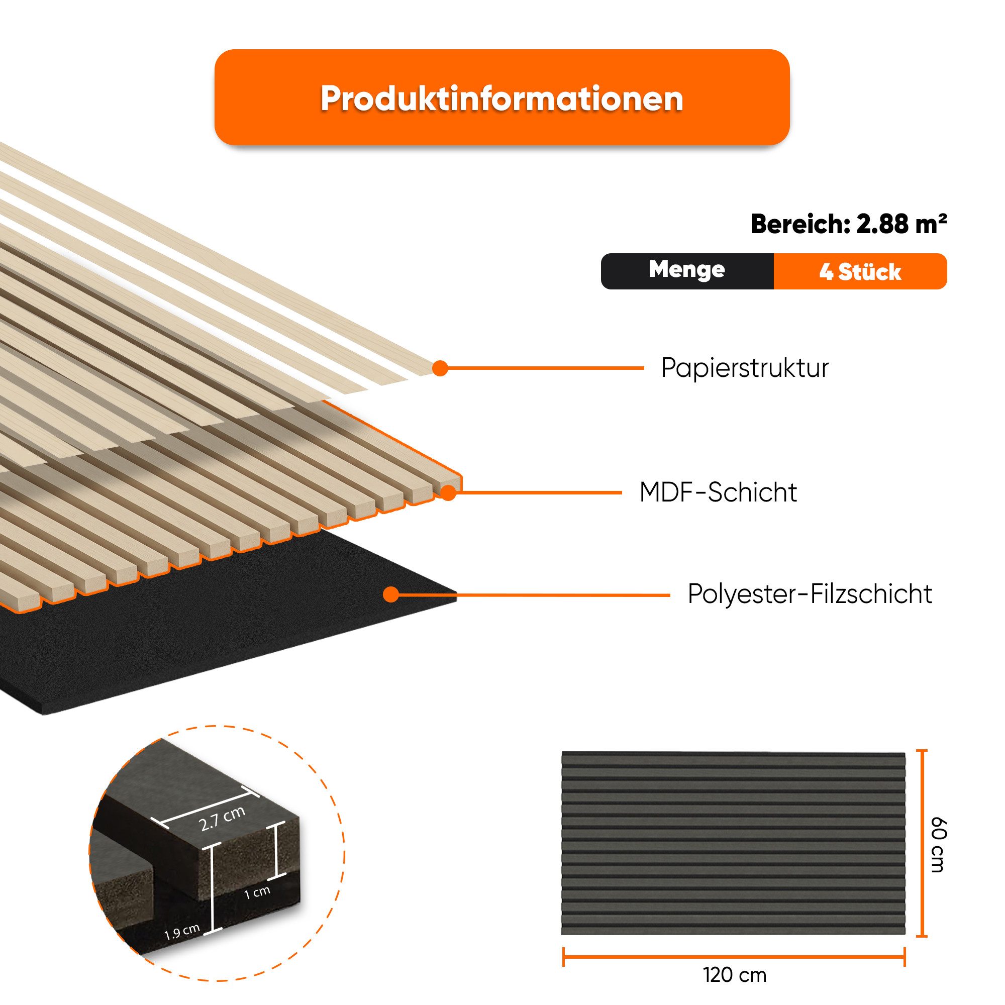 IZODEKOR 3D Wandpaneel Akustikpaneele in Holzoptik mit Filz – Schalldämmung & Raumakustik, BxL: 60x120 cm, 0,72 qm, (Set, Akustikpaneele als Set) schallabsorbie – Bild 4 von 5